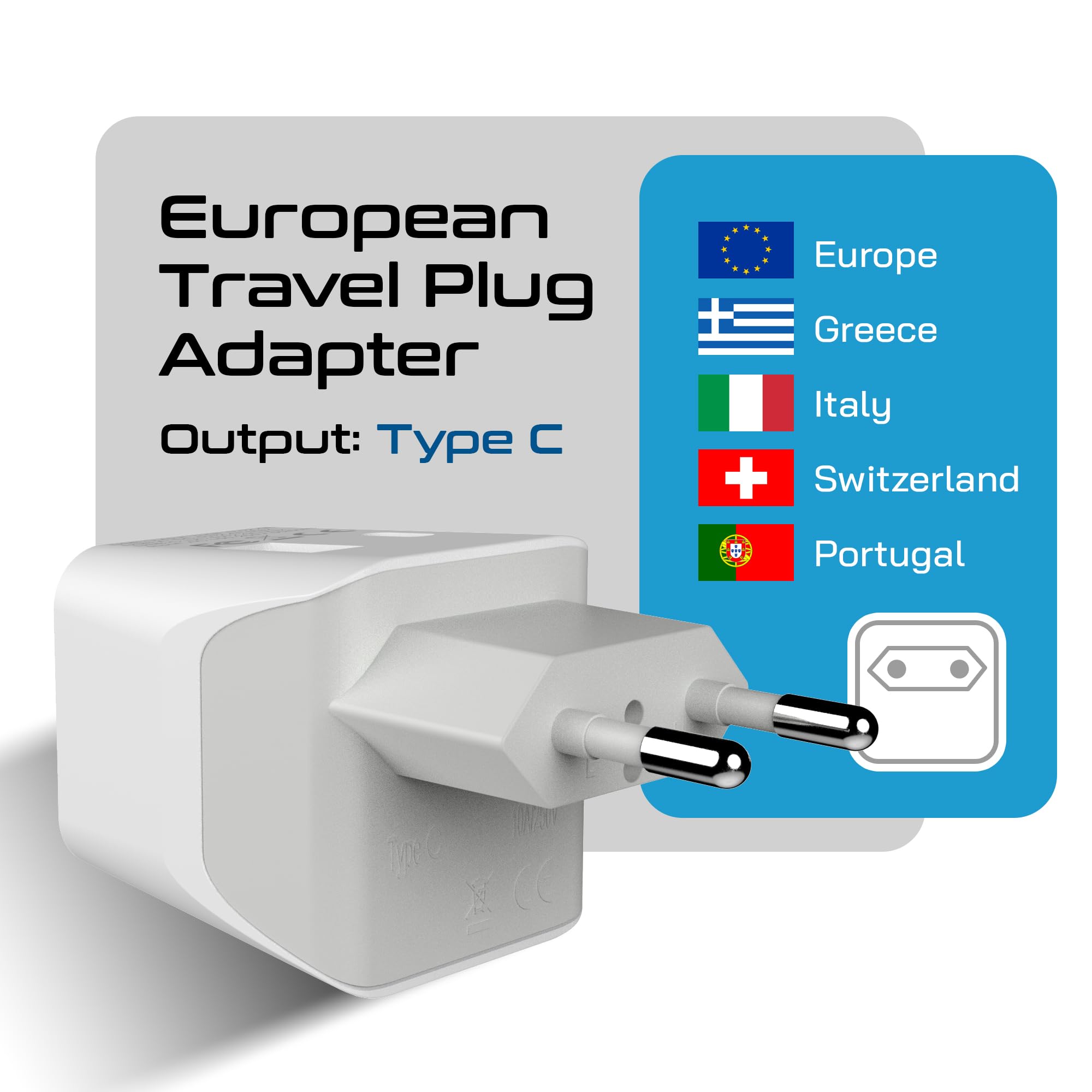 Ceptics European Travel Plug Adapter - Compact Type C & F Adapter With Usb-C & A + Usa Input - Safe Grounded Schuko Adapter - Tr