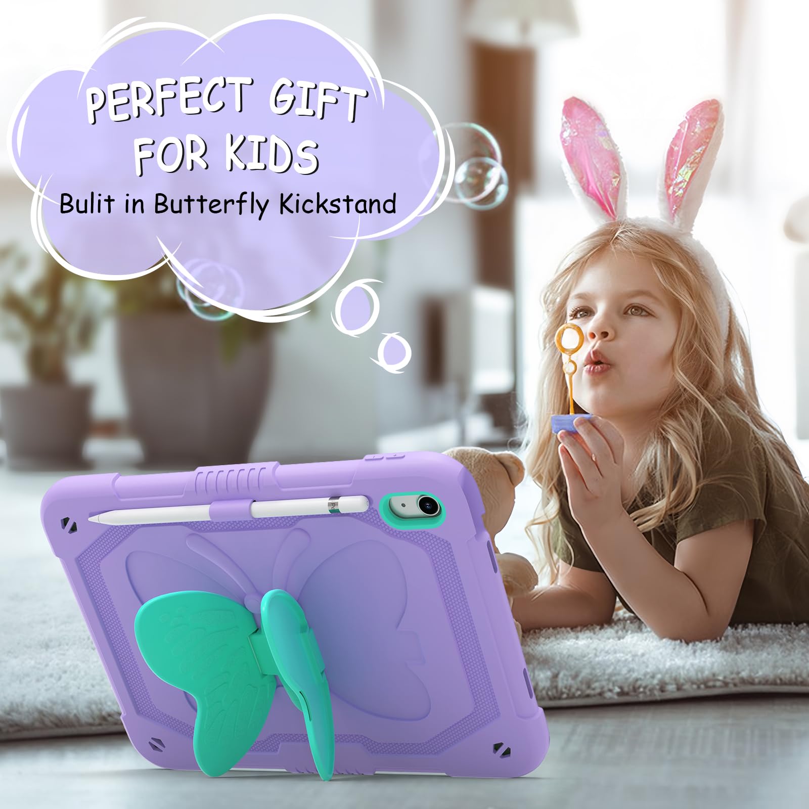 Ambison Case For Ipad 10Th Generation 2022 10.9 Inch For Kids Girls,With 9H Tempered Glass Screen Protector, Rugged Heavy Duty Shockproof Protective Case With Butterfly Stand,Carrying Strap Purple