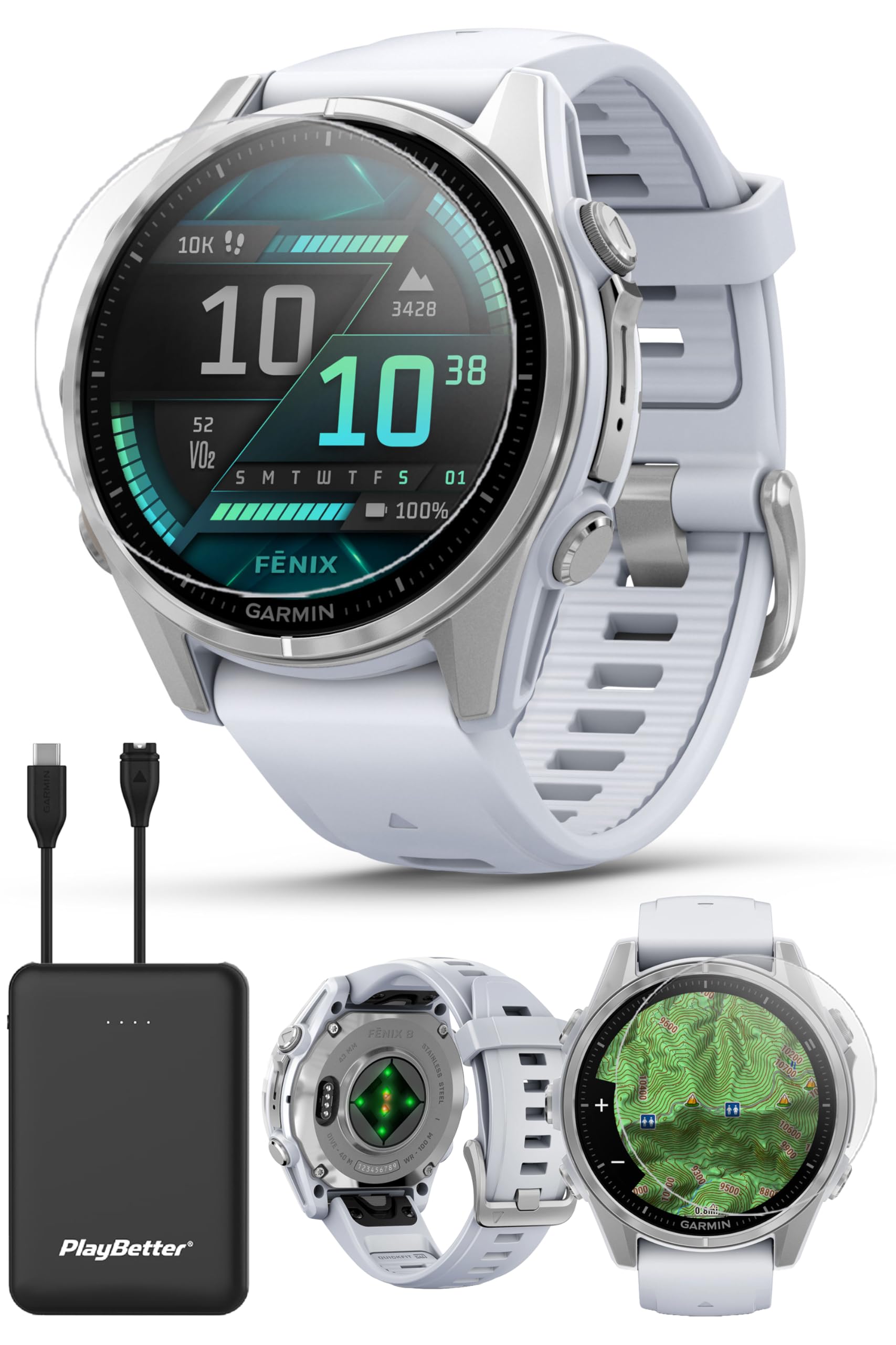 PlayBetter Garmin Fenix 8 AMOLED (43mm, Silver/Whitestone) Multisport GPS Smartwatch Bundle - 1.3    Touchscreen, Built-in LED F