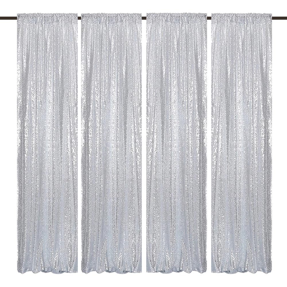 Tcbesto Silver Sequin Backdrop 2Ftx8Ft 4 Panels Silver Backdrop Curtains For Parties Glitter Backdrop Photo Background For Weddi