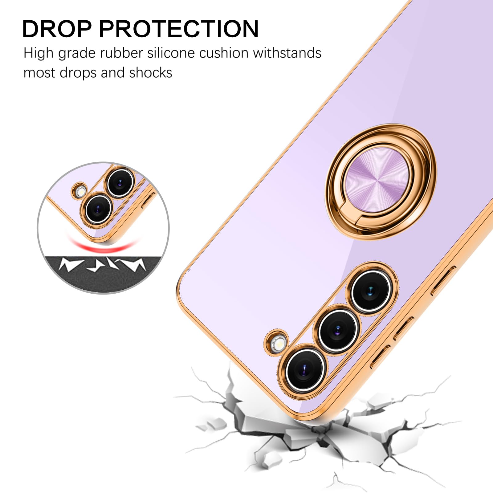 Bentoben For Samsung Galaxy S23 Case, 360 Ring Holder Kickstand Support Car Mount Elegant Plating Edge Slim Shockproof Soft Tpu