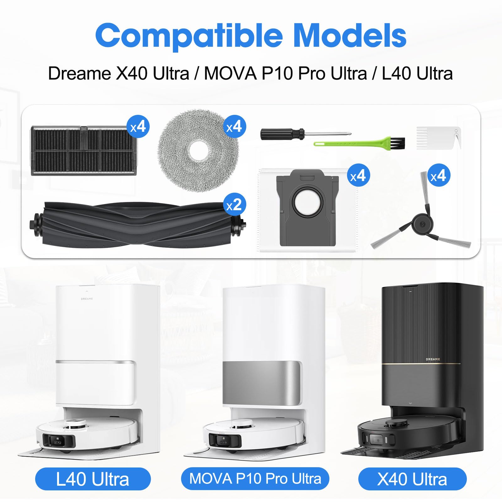 Drrobor 21Pcs Replacement Parts For Dreame X40 Ultra / L40 Ultra, Accessory Kit For Mova P10 Pro Ultra Includes Dual Main Brush,