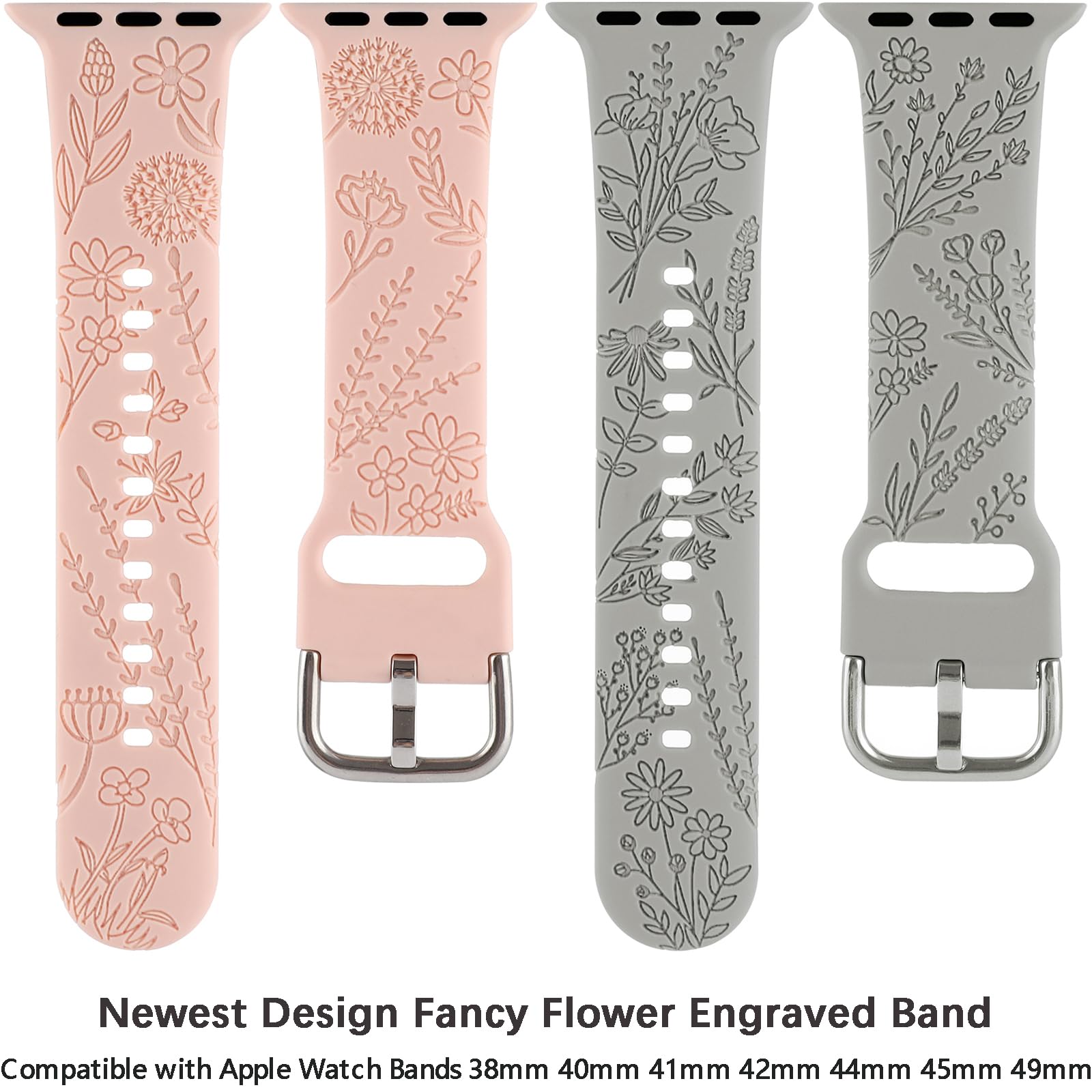 Flower Engraved Silicone Band Compatible With Apple Watch Bands 38Mm 40Mm 41Mm, Cute Women Wildflowers Floral Design Soft Sport Strap Replacement Wristbands For Iwatch Series 8 7/Se/6/5/4/3/2/1
