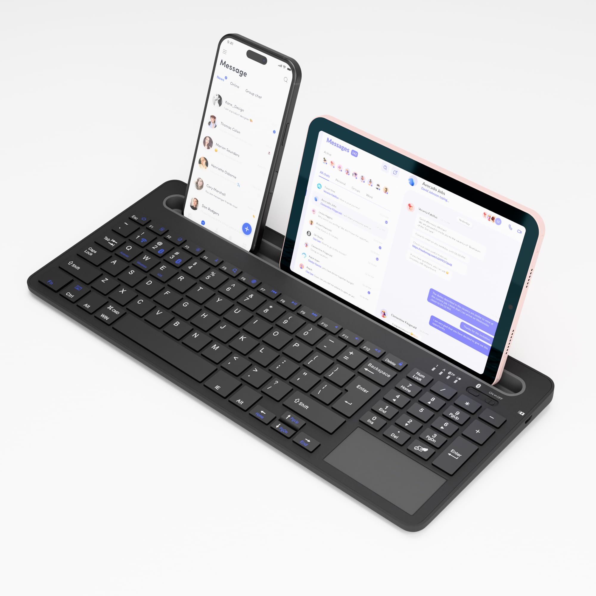 JPHTEK MultiDevice Wireless Keyboard with Silicone Stand & Touchpad Black