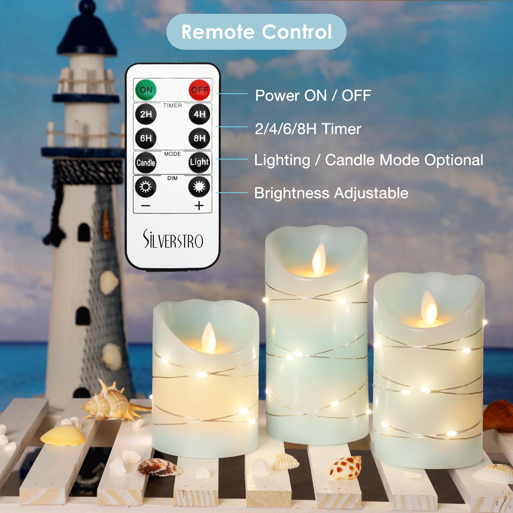 Silverstro Christmas Nautical Flameless Candles With String Lights Flickering Ocean Blue Battery Operated Candles With Remote Co