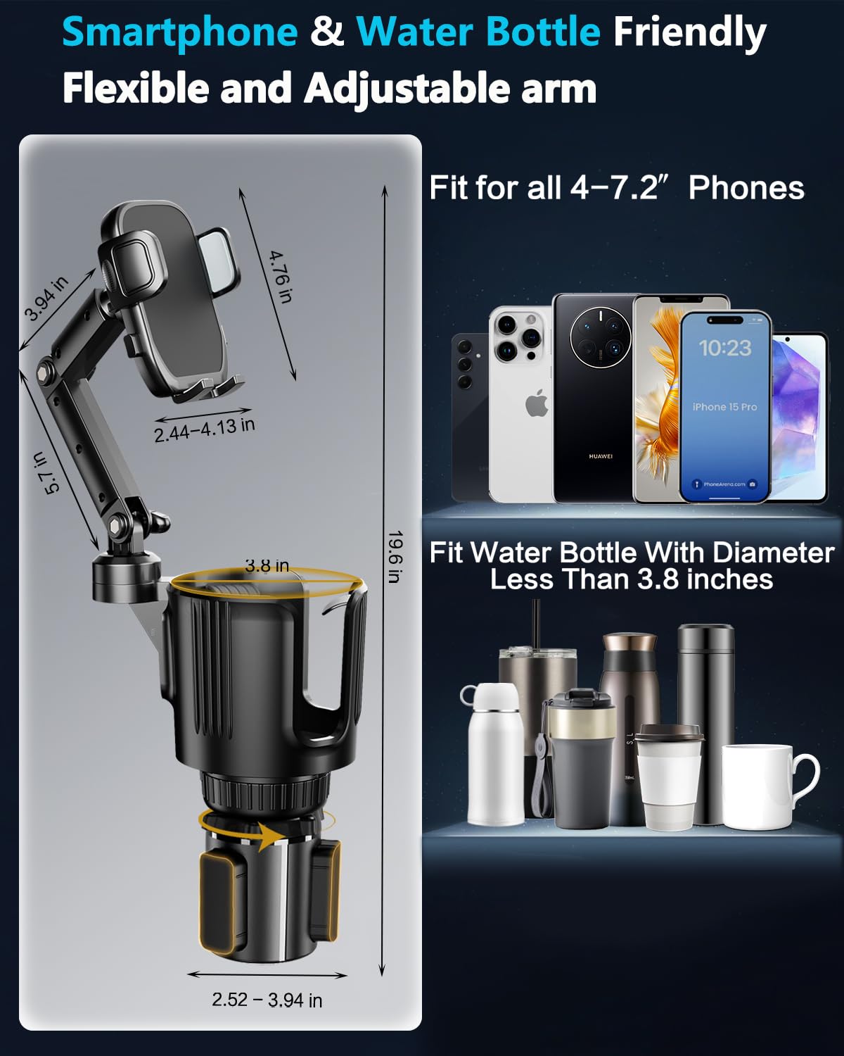 Cup Phone Holder For Your Car With Expandable Offset Base, 2 In 1 Adjustable Hands Free Cell Phone Holders Car Cupholder Mount,