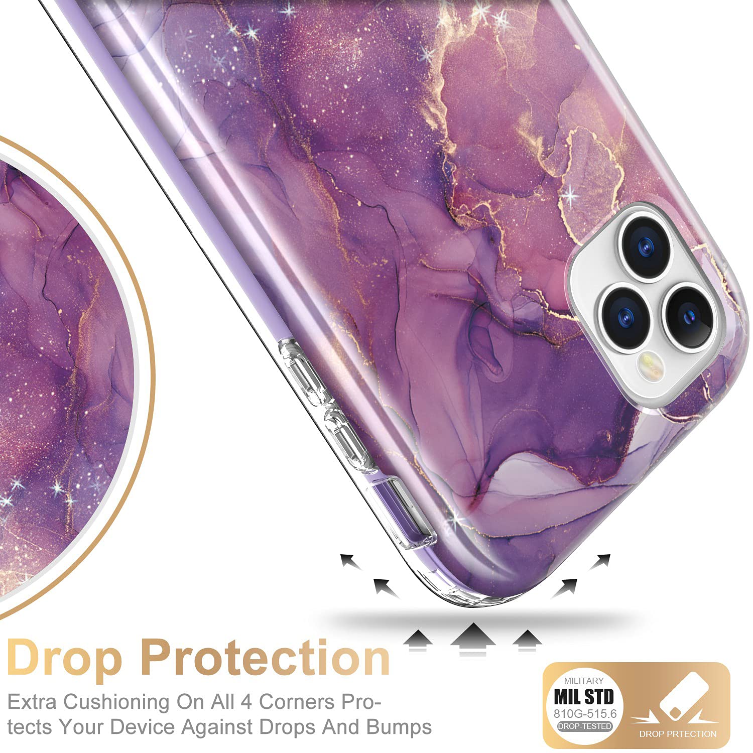 Esdot iPhone 12 Pro Max Case with Built-in Screen Protector, TPU Glitter Purple Marble 6.7 inch