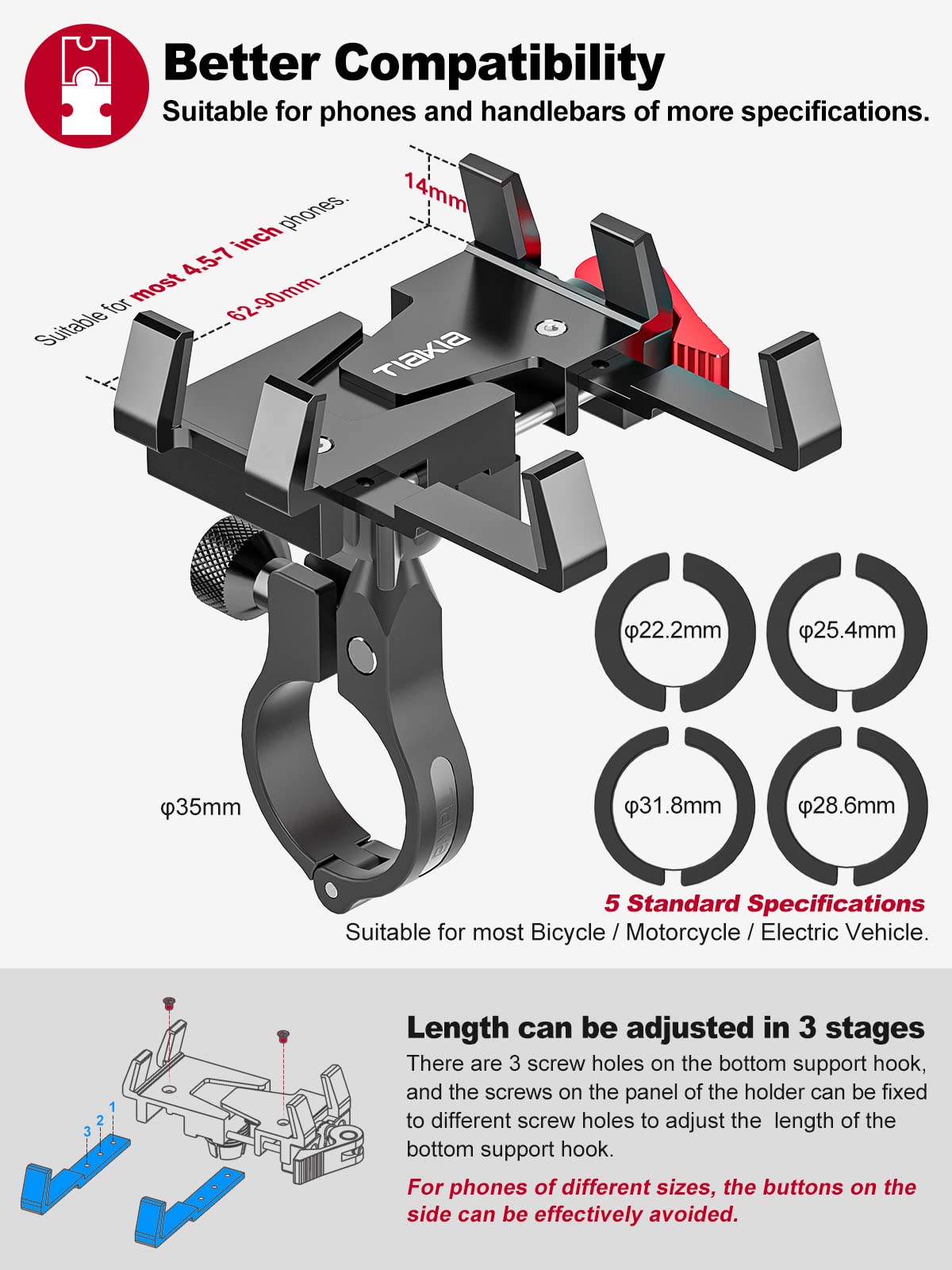 Tiakia Bike Phone Mount Holder, Aluminum Motorcycle Phone Mount, Handlebar Mounted Cell Phone Holder For Bike, 360 Rotation, Uni