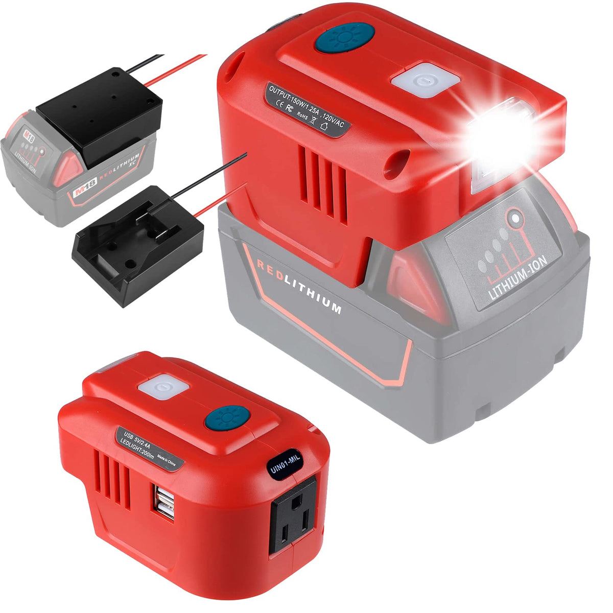150W Powered Inverter Generator For Milwaukee 18V M18 Battery With Power Wheels Adaptor Ac110V 120V&150W&2 Usb&Dc18V,Powered Inv