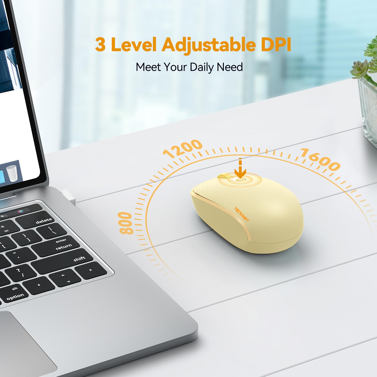Tecknet Wireless Mouse, 2.4G Quiet Computer Mouse With Usb Receiver, 4 Buttons Portable Cordless Mice For Chromebook, Laptop, Pc, Mac, 800/1200/1600 Dpi   Yellow