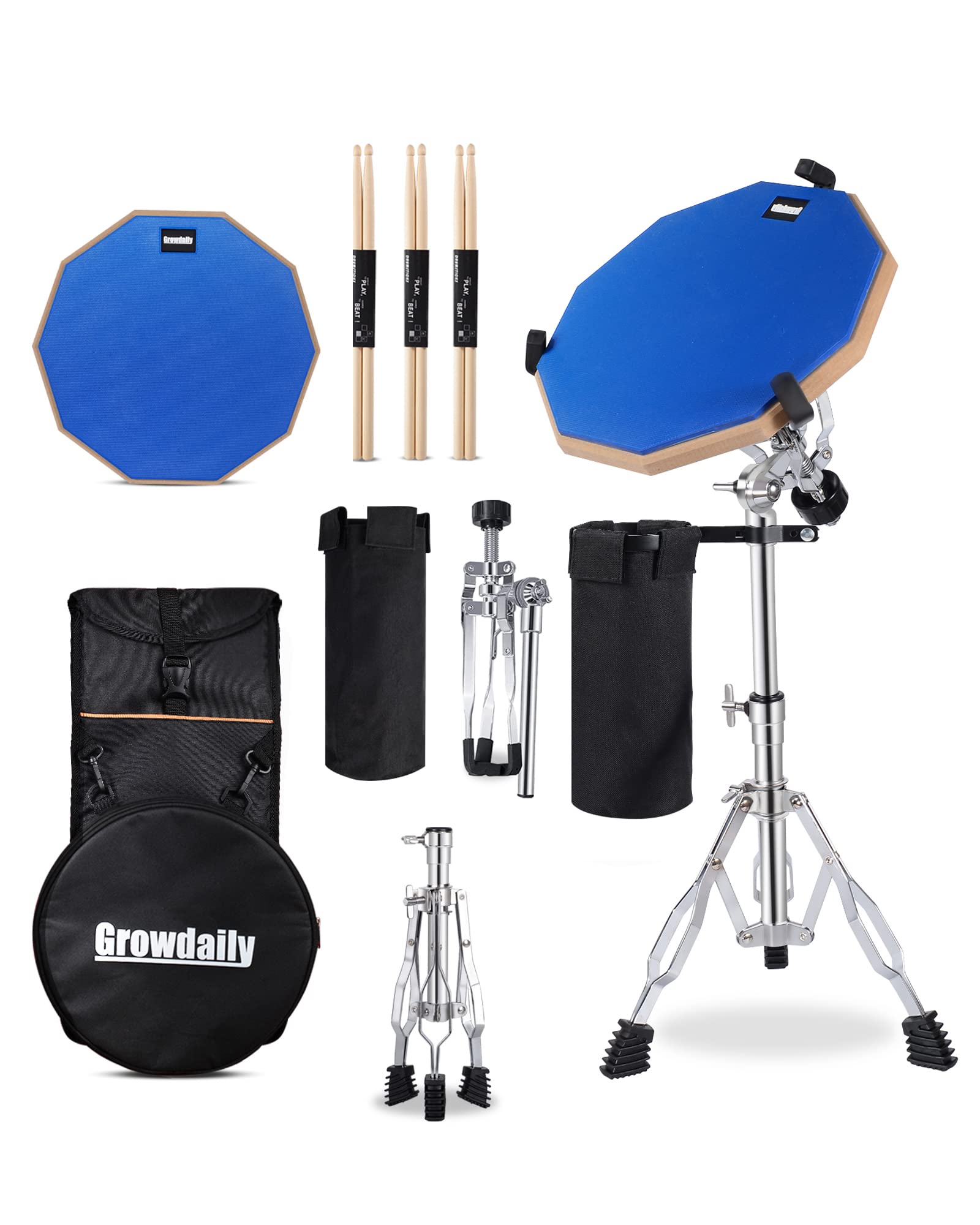 Drum Practice Pad Snare Drum Stand Set 12 In With Blue Double Sided Silent Drum Pad,Drum Dampeners Gel, Drum Sticks,Carrying Bag