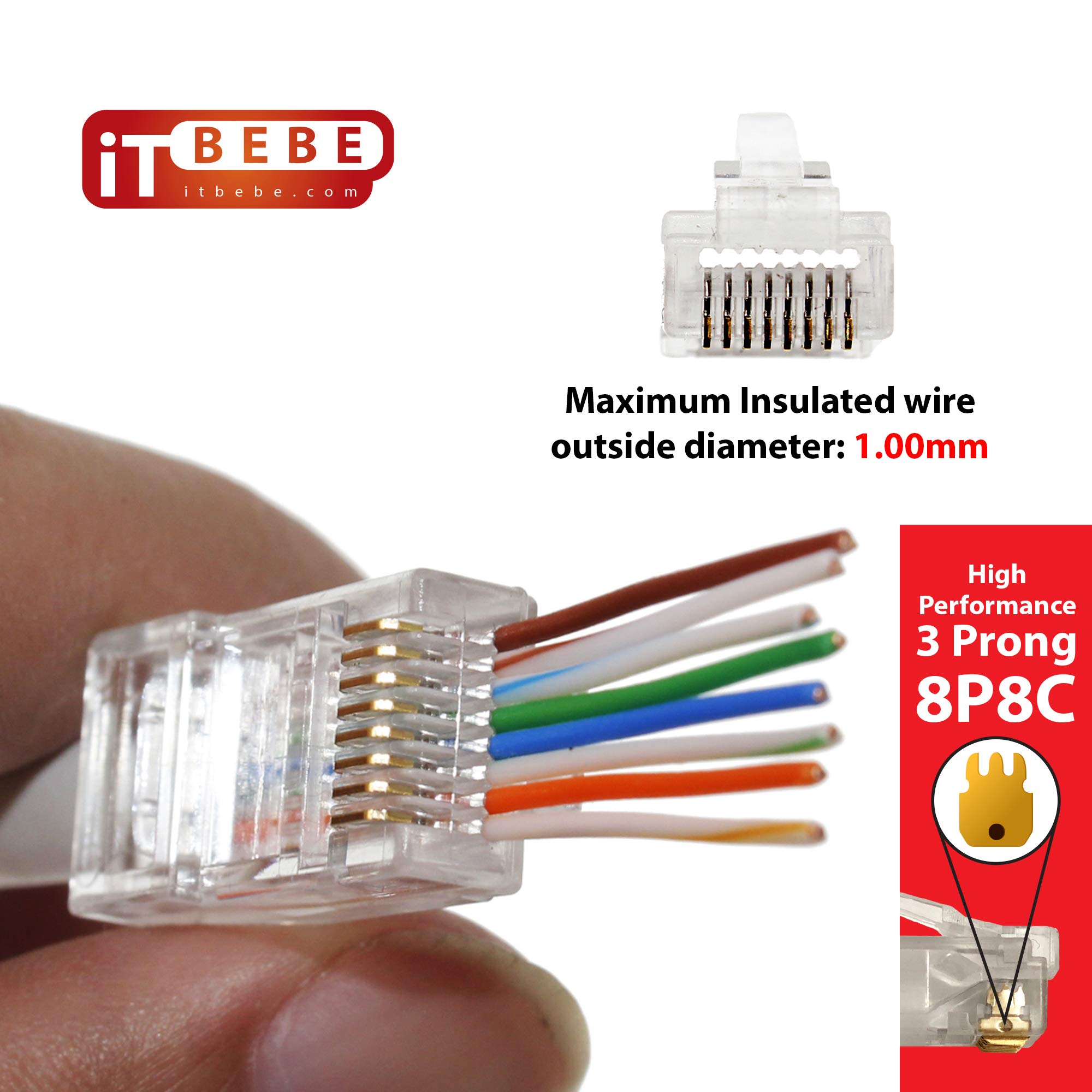Itbebe Gold Plated Rj45 Cat5, Cat5E 8P8C 50 Pieces Pass Through 3 Micron 3U 3 Prong Premium Connectors