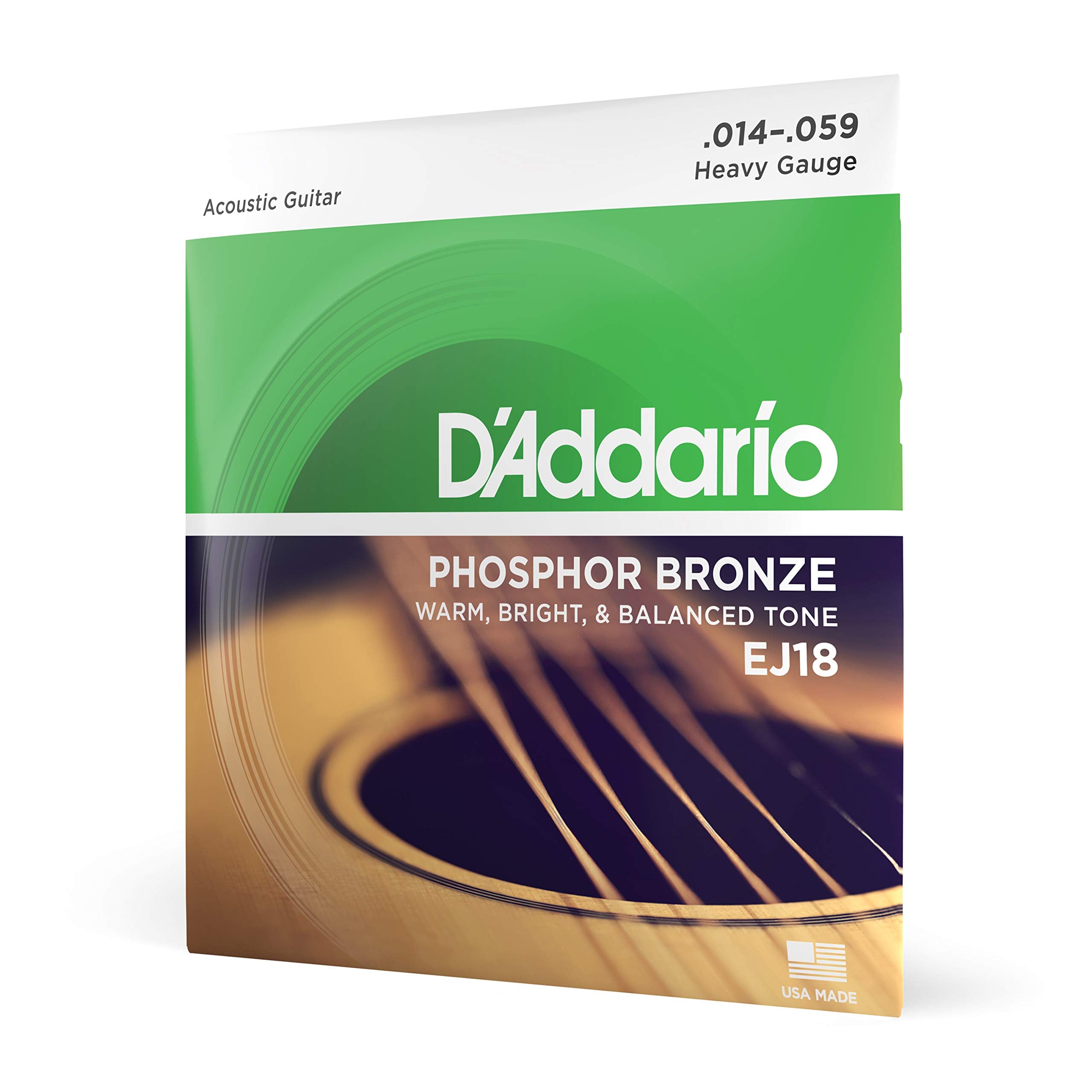 DAddario Acoustic Guitar Strings, Phosphor Bronze, EJ18, Heavy Gauge 14-59, 6-String Set, Pack of 1