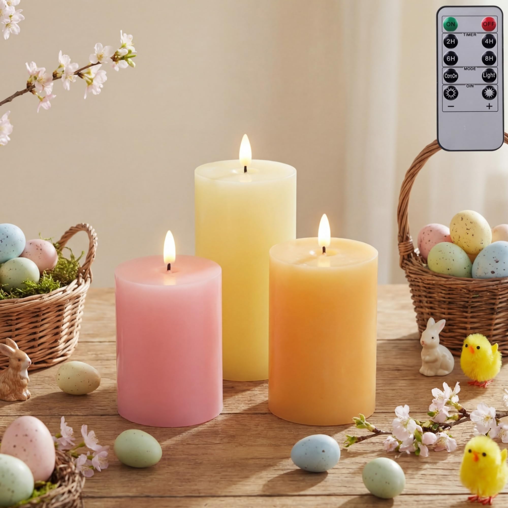 Grinsvalley 3 Pcs Easter Flameless Candles Battery Operated LED Flickering Pillar Candles with Remote Real Wax Pastel Spring Tab