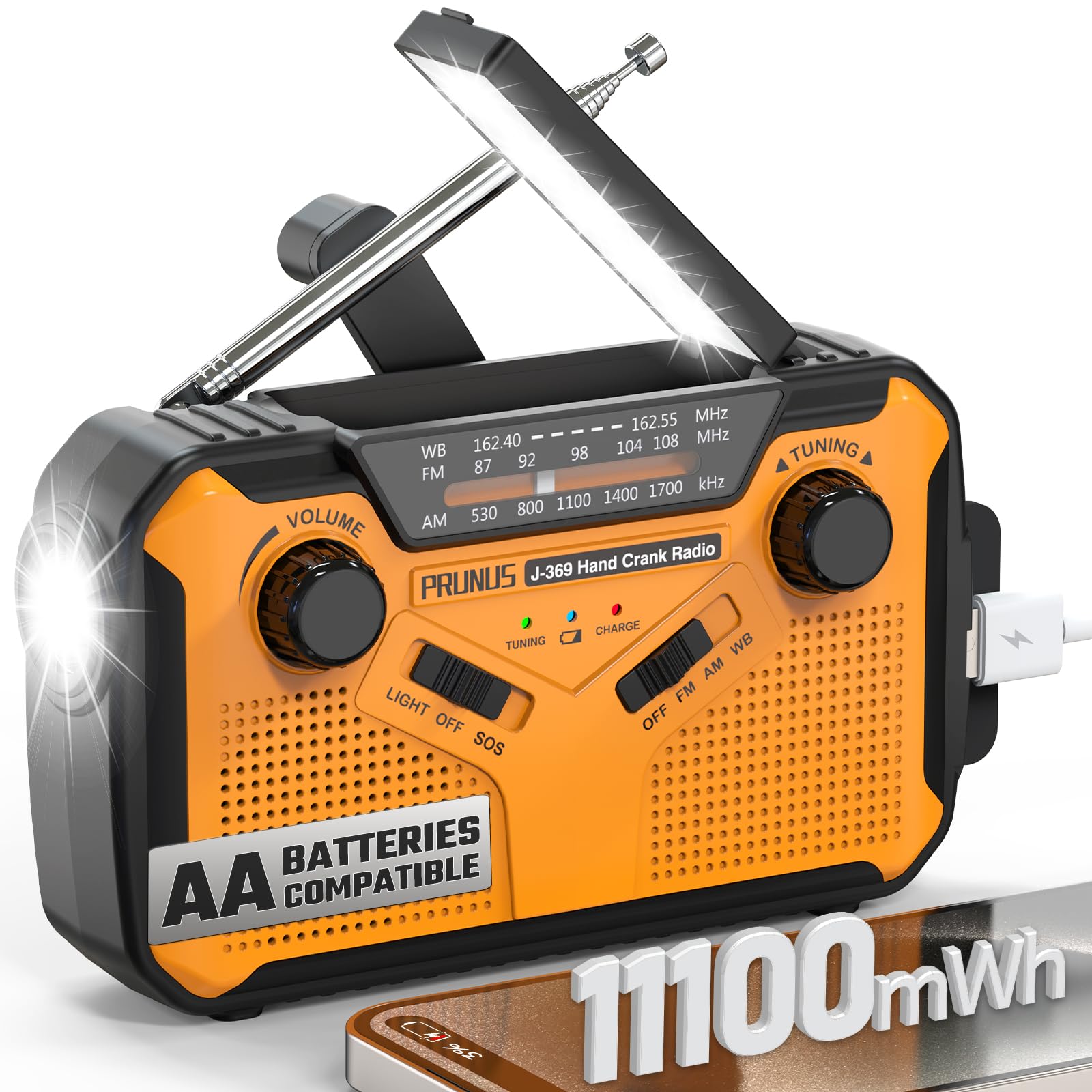 Prunus J 369 11100Mwh Emergency Weather Radio, Aa Batteries/Hand Crank/Solar/Usb Charging, Noaa/Am/Fm, Led Flashlight And Reading Lamp,Sos Alarm & Flashlight