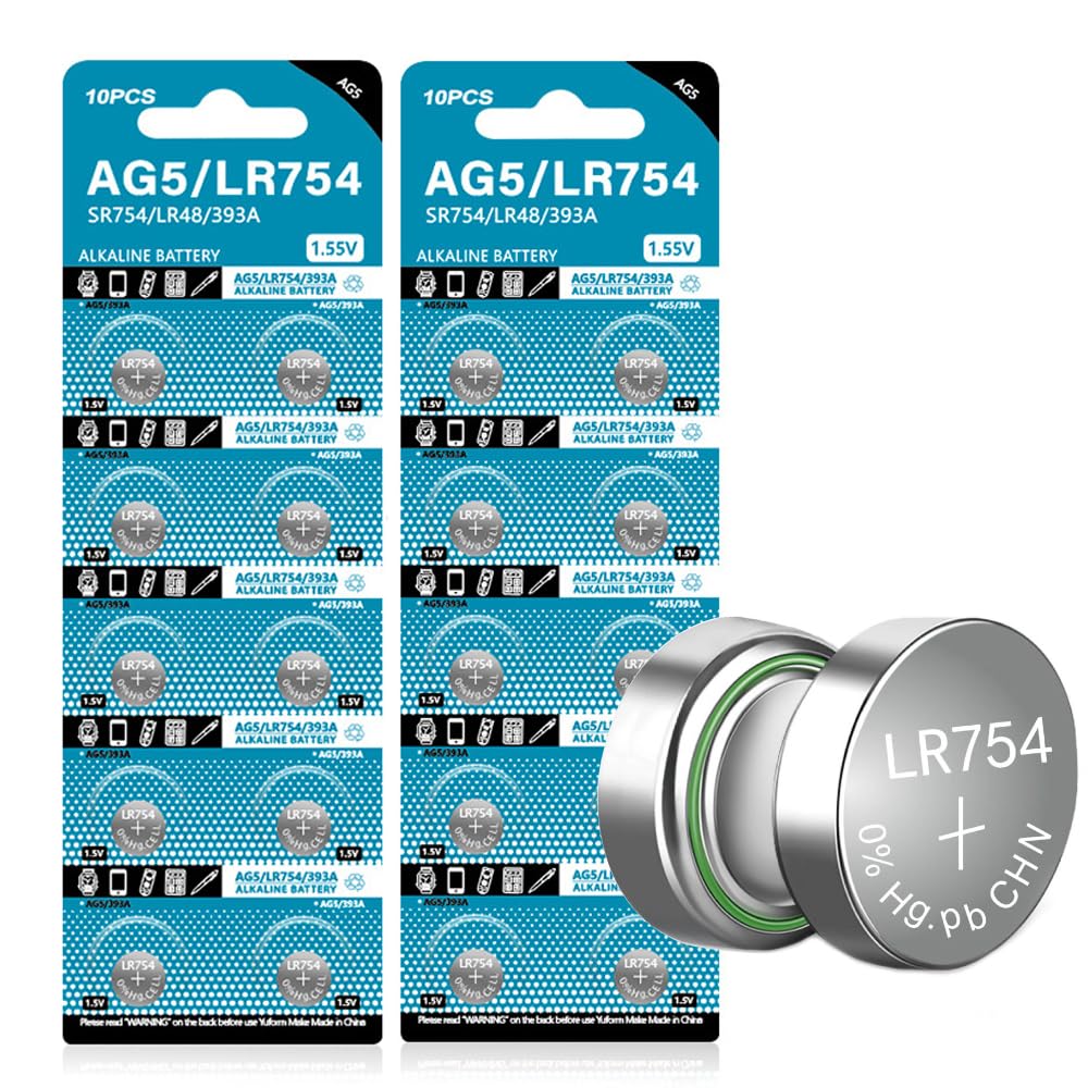 Cotchear 20Pcs Ag5 Button Cell Battery 1.5V 393A Lr754 Sr48 Ag5 Alkailine Coin Batteries