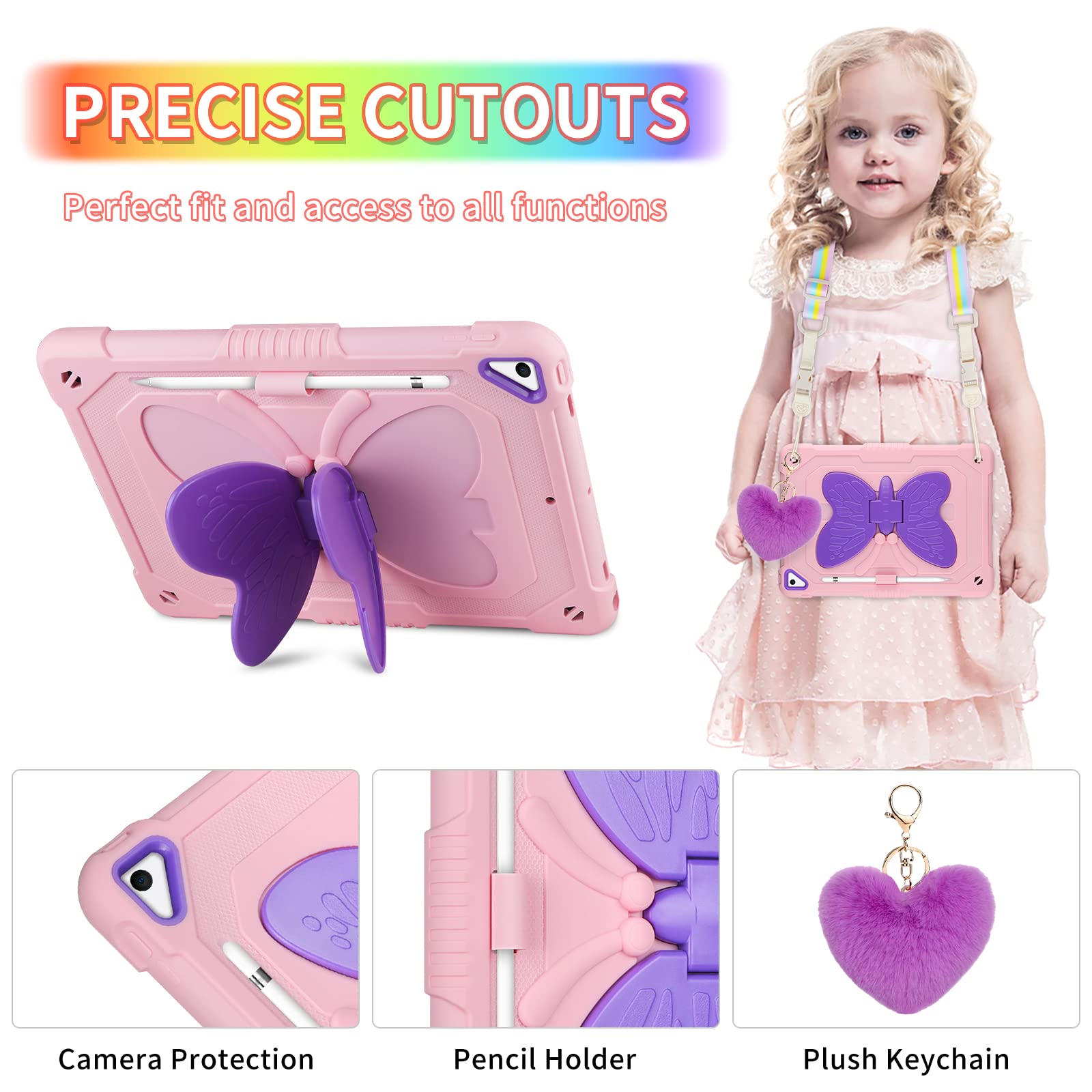 Wesadn For Ipad 9Th Generation Case 8Th 7Th Gen 10.2 Inch With Screen Protector/Butterfly Kickstand/Lanyard/Keychain Rugged Case