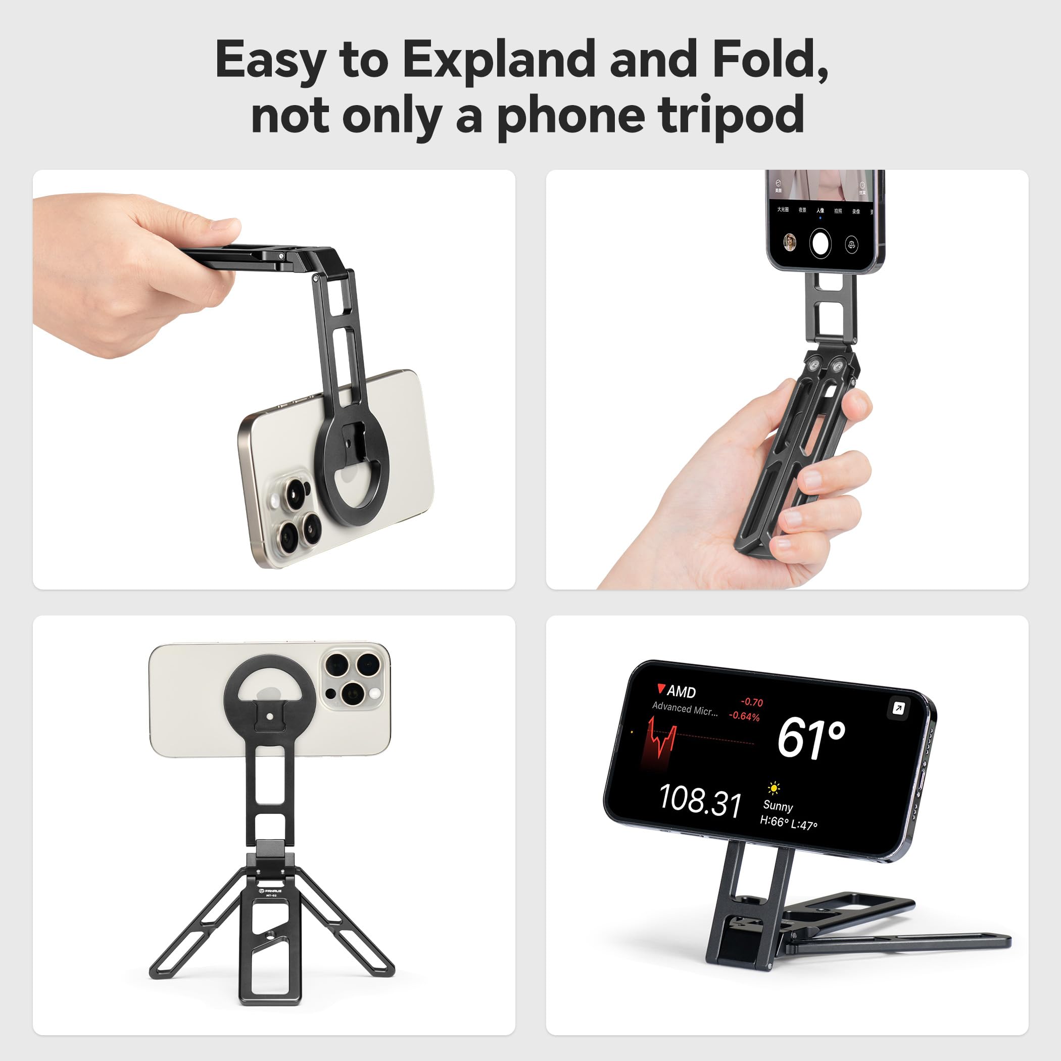 Fanaue Adjustable Phone Tripod Stand, Foldable Magnetic Cell Phone Holder With Arca-Swiss And 1/4 Screw Hole, Aluminium Magsafe