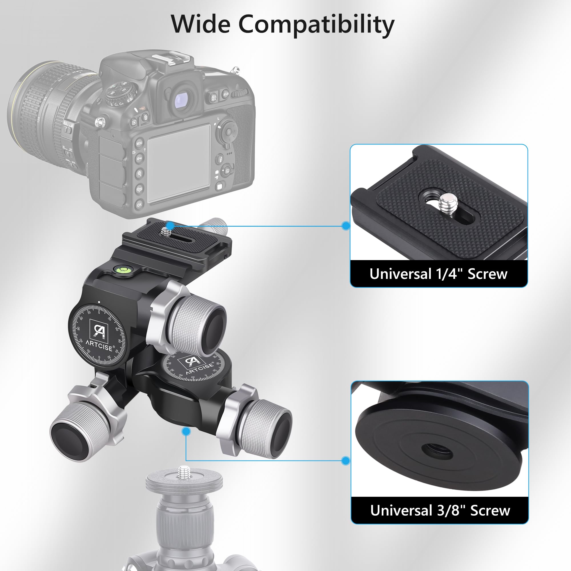 Artcise 3 Way Geared Tripod Head With Arca Type Qr Plate,Supports Millimeter Micro Adjustment, 3 Axis Pan/Tilt Fluid Head With Large/Fine Quick Switch Dual Mode, Max Load11Lb
