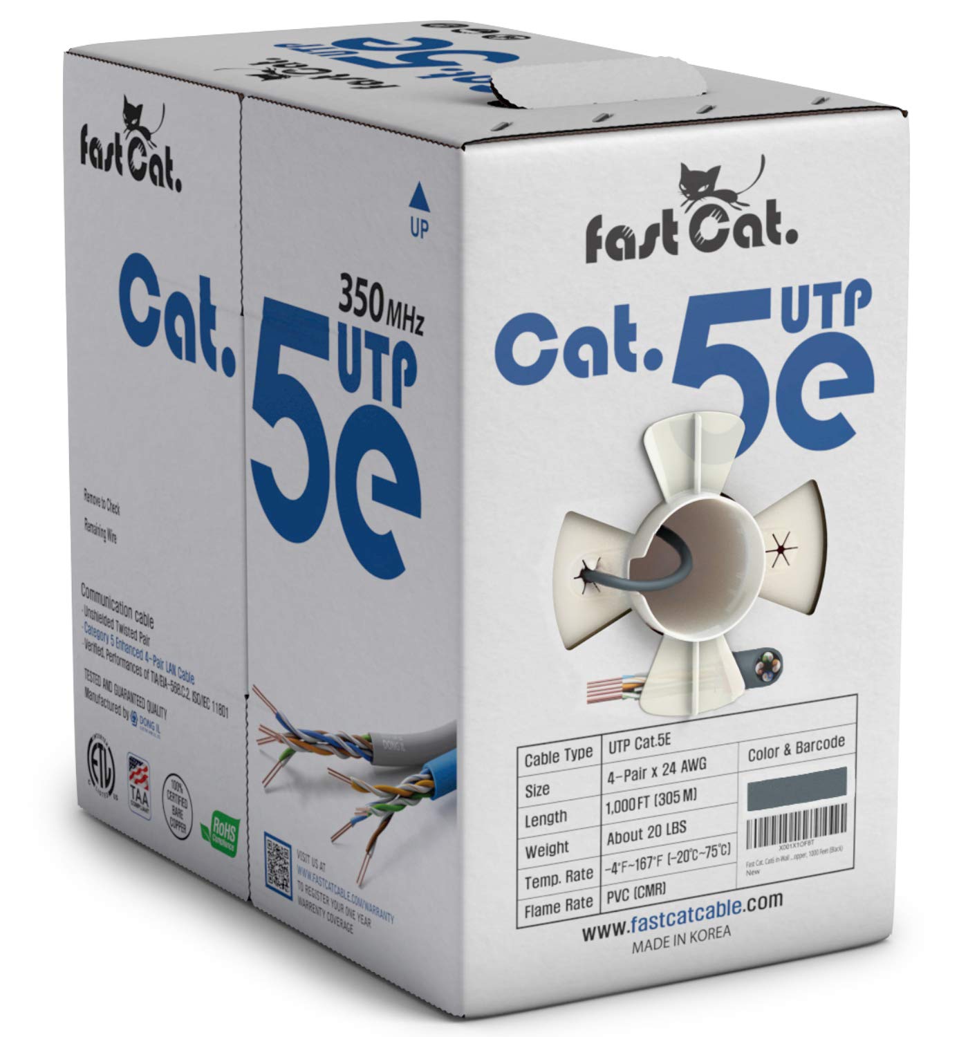 Fast Cat. Cat5E Ethernet Cable 1000Ft   24 Awg, Cmr, Insulated Bare Copper Wire Cat 5 Ethernet Cable With Fastreel   350Mhz / Gigabit Speed Utp Cable Cat5E   Cmr (Gray)