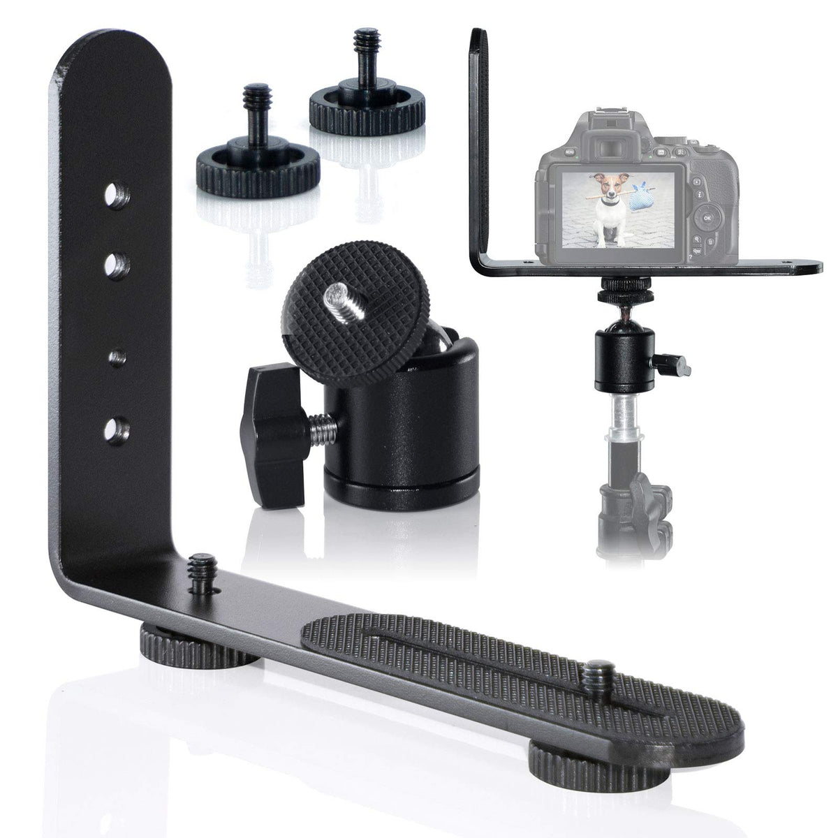 Exmax Metal Aluminum Alloy L-Shape Flash Light Camera Bracket Holder 1/4 '' Screw + Mini Tripod 360 Degree Ball Head For Dslr Ca