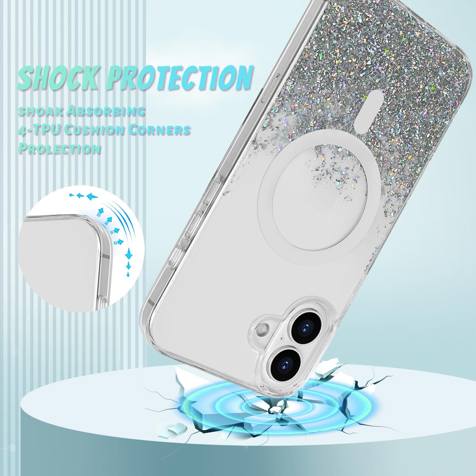 Bonoma For Iphone 16 Plus Case, Sparkly Glitter Bling Back, Magnetic Support For Magsafe Shockproof Case, Crystal And Clear High