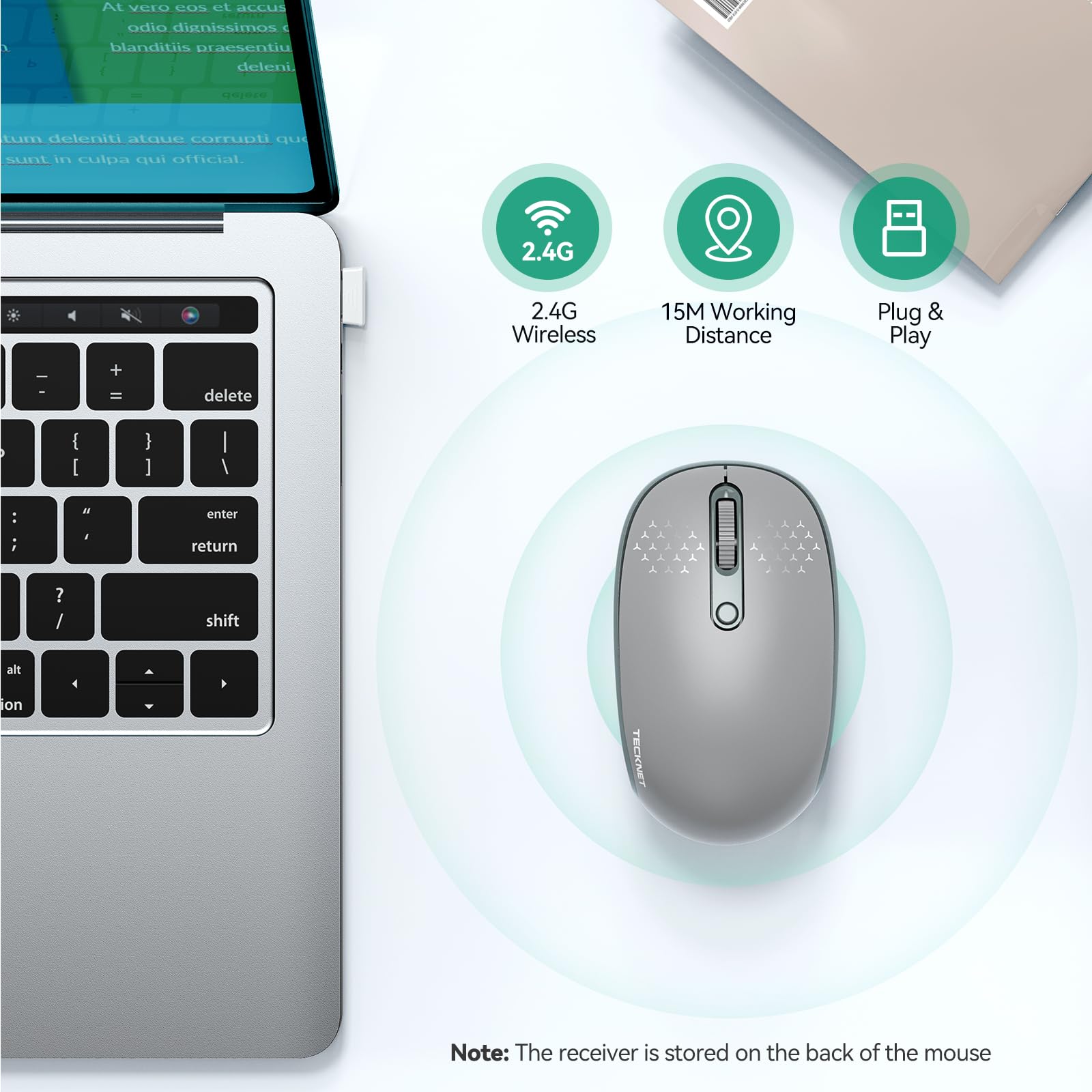 Tecknet Wireless Mouse, 2.4G Quiet Computer Mouse With Usb Receiver, 4 Buttons Portable Cordless Mice For Chromebook, Laptop, Pc, Mac, 800/1200/1600 Dpi   Grey