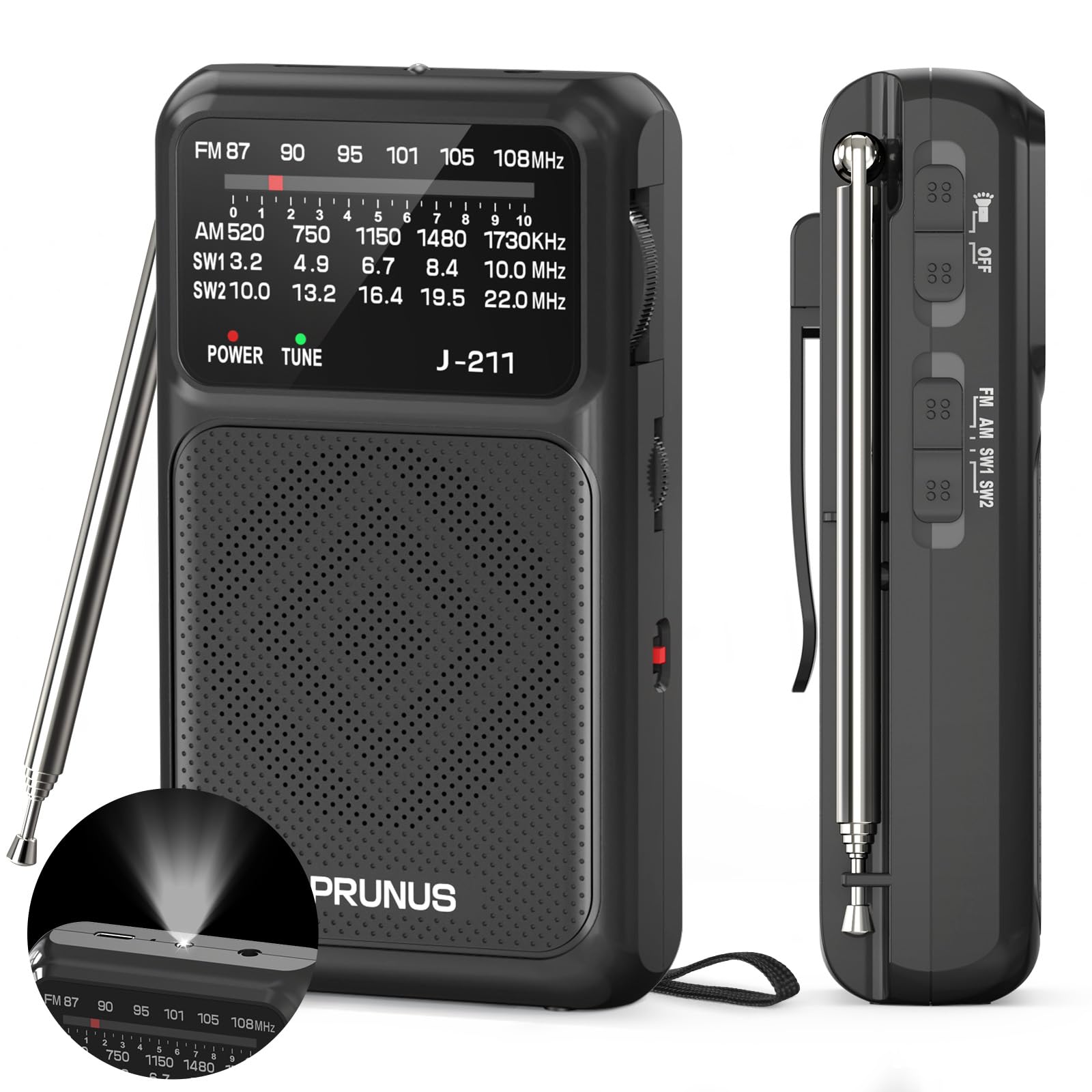 PRUNUS J-211 Portable Radio AM FM with USB C Charging and AA Battery Operated, Transistor Radio, Strong Reception& Clear Speaker