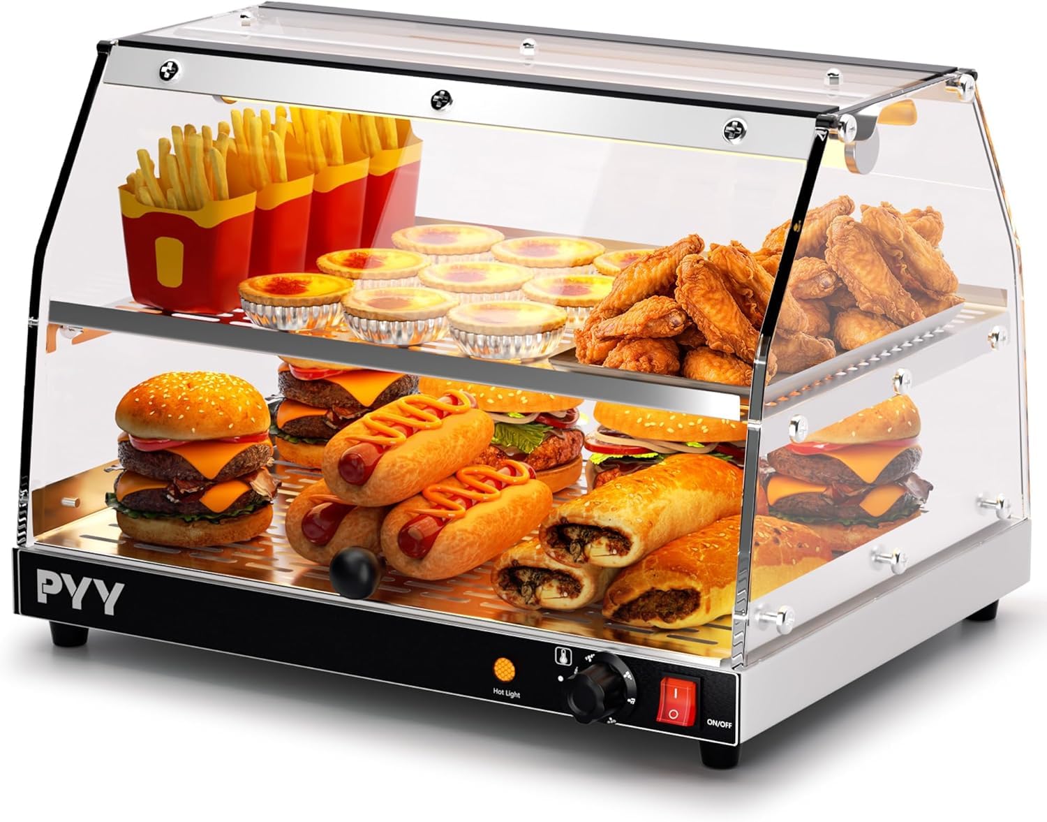 PYY Commercial Food Warmer Display, 2-Tier Electric Countertop Food Warmer with LED Lighting Adjustable Glass Door, Pastry Displ