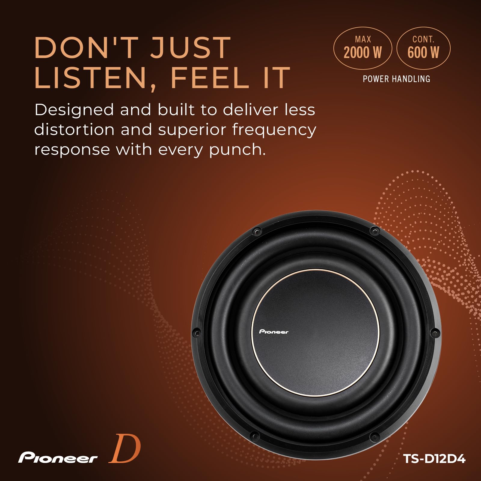 Pioneer Car Tsd12D4 D Series 12 Inch 2000 Watt Max Power, Dual 4 Ohm Voice Coil, Aramid Fiber Impp Cone, Rubber Surround   Compo