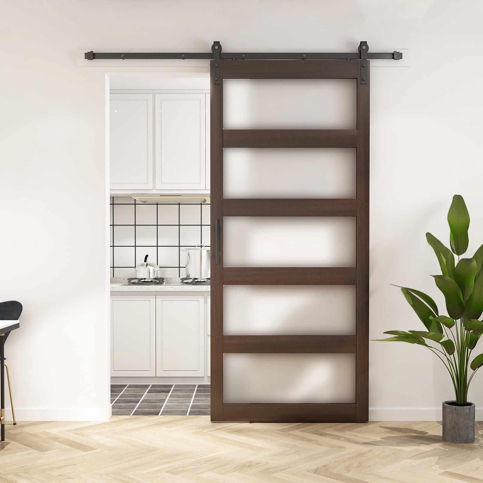 Barnsmith 42In X 96In Glass Barn Door And 7Ft Sliding Door Hardware Included, 5 Panel Frosted Glass Sliding Barn Door, Solid Woo