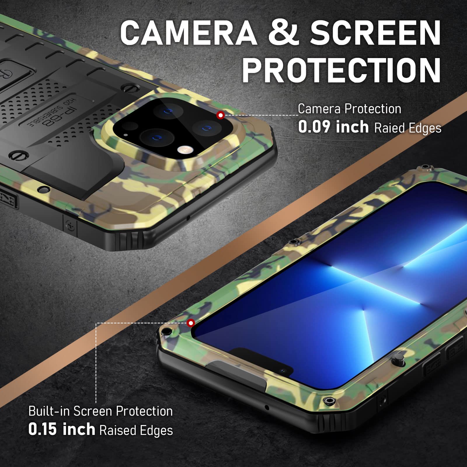 Beasyjoy iPhone 13 Pro Max Waterproof Heavy Duty Phone Case with Built-in Screen Protector Metal Camo 6.7 inch