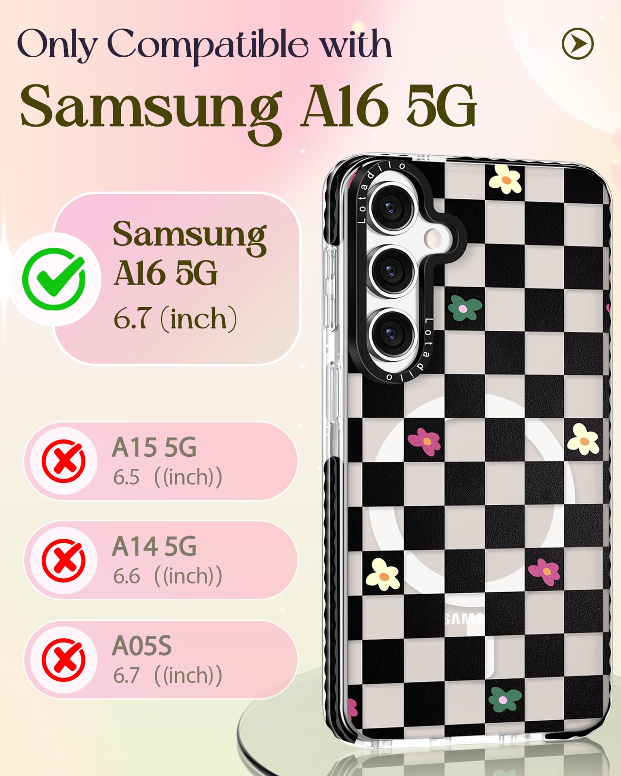 Lotadilo Cute Case For Samsung Galaxy A16 For Women Girls - Funny Plaid Flower Design Compatible With Magsafe Magnetic Ring Hold