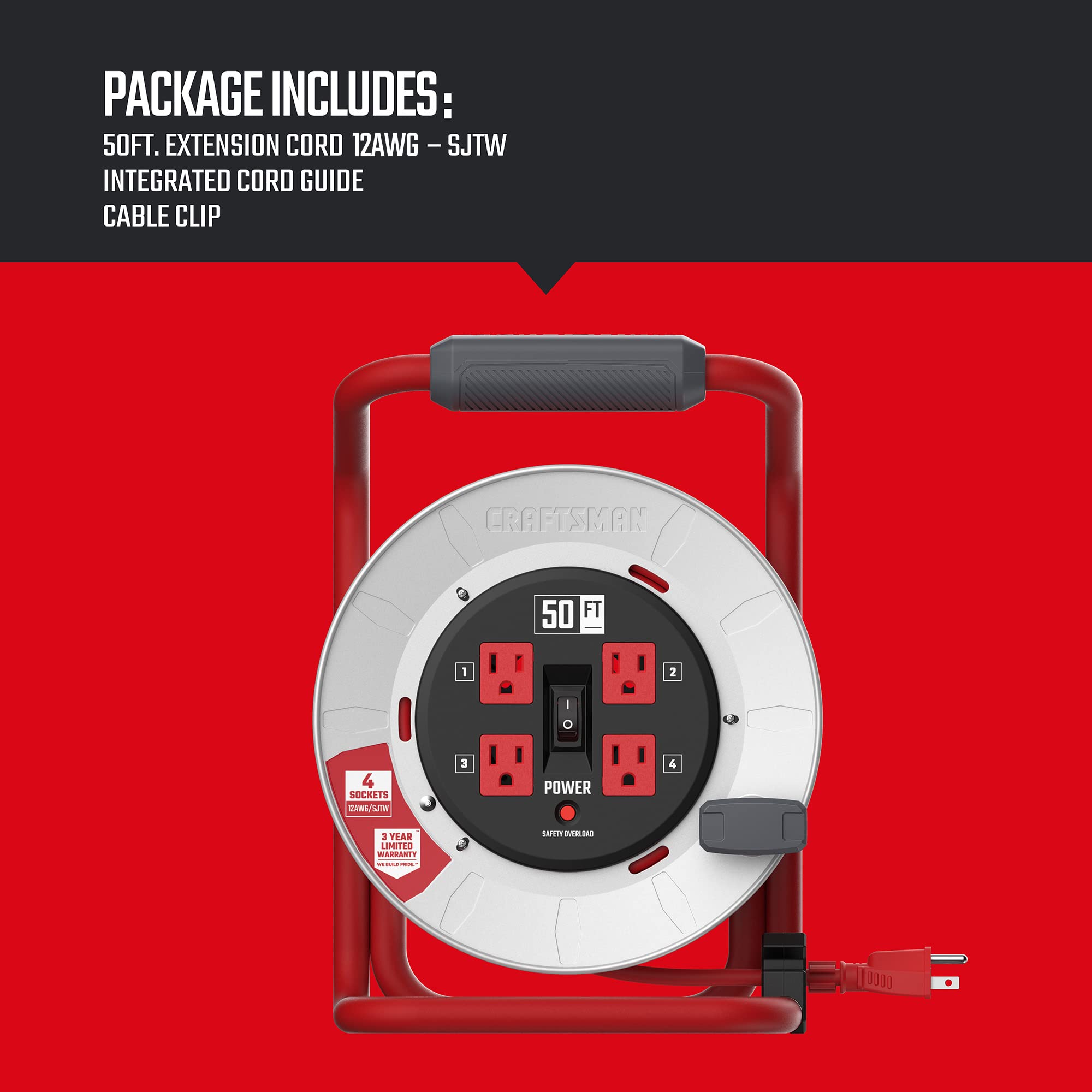 Craftsman 50 Ft. Contractor Edition Retractable Extension Cord Reel With 4 Outlets & Heavy Duty 12Awg Sjtw Cable