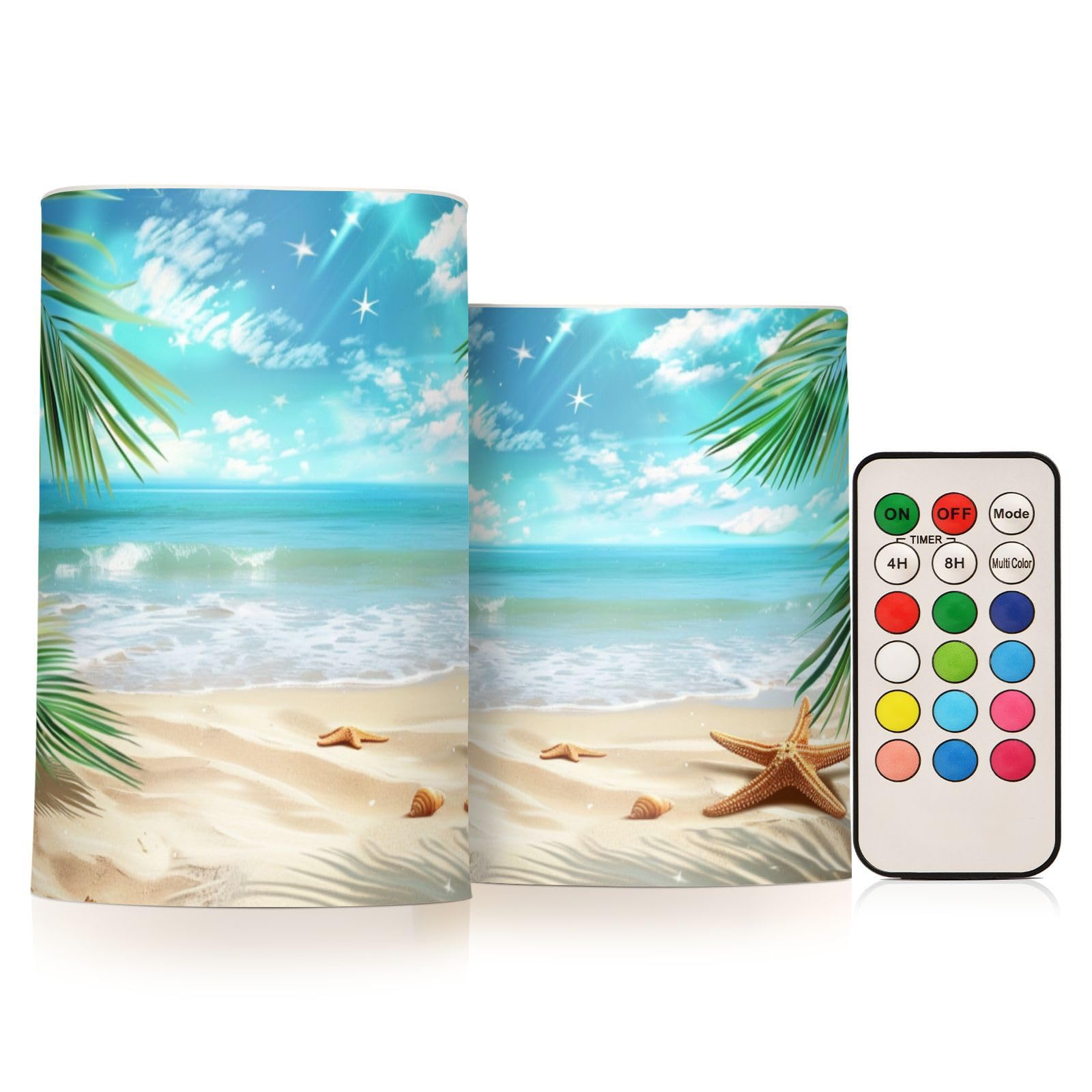 BOENLE Flickering Flameless Candles, Palm Leaves Starfish Beach LED Candles with Remote Timer, Set of 2 Battery Operated Candle 