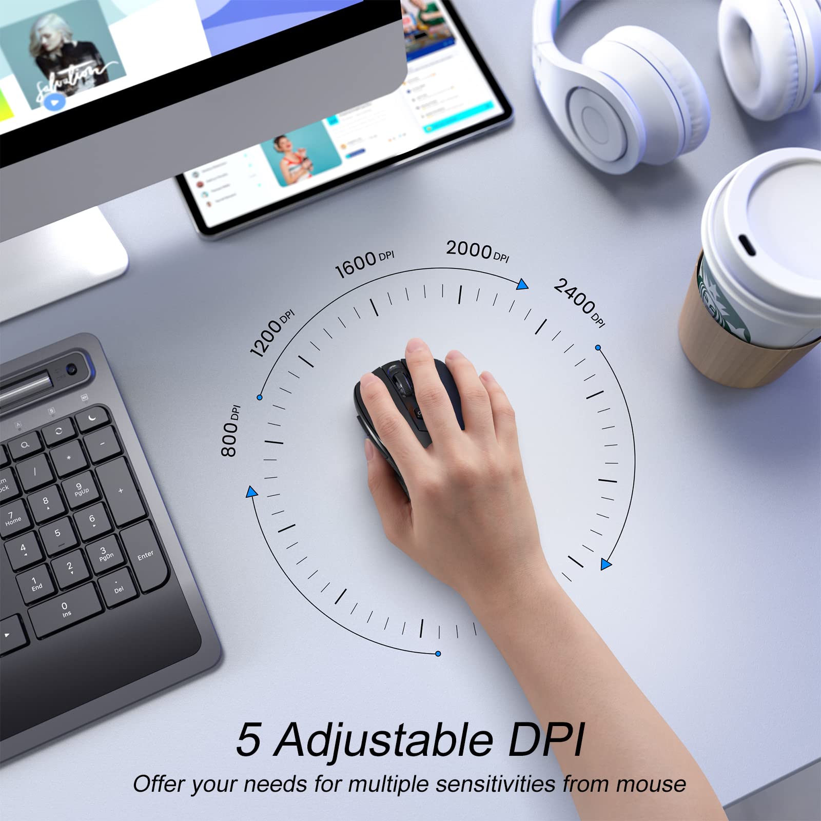 Hotweems Wireless Mouse, Bluetooth Mouse , 6 Button, 5 Adjustable Dpi(800 2400), 18 Months Battery Life,Wireless Ergonomic Mouse For Laptop, Computer, Pc, Mac, Chromebook Black