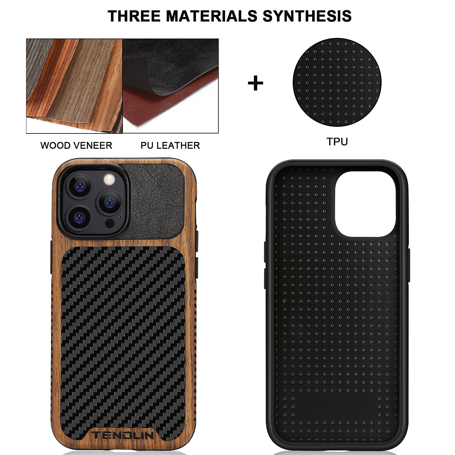 Tendlin Compatible With Iphone 13 Pro Case Wood Grain With Carbon Fiber Texture Design Leather Hybrid Case Compatible For Iphone