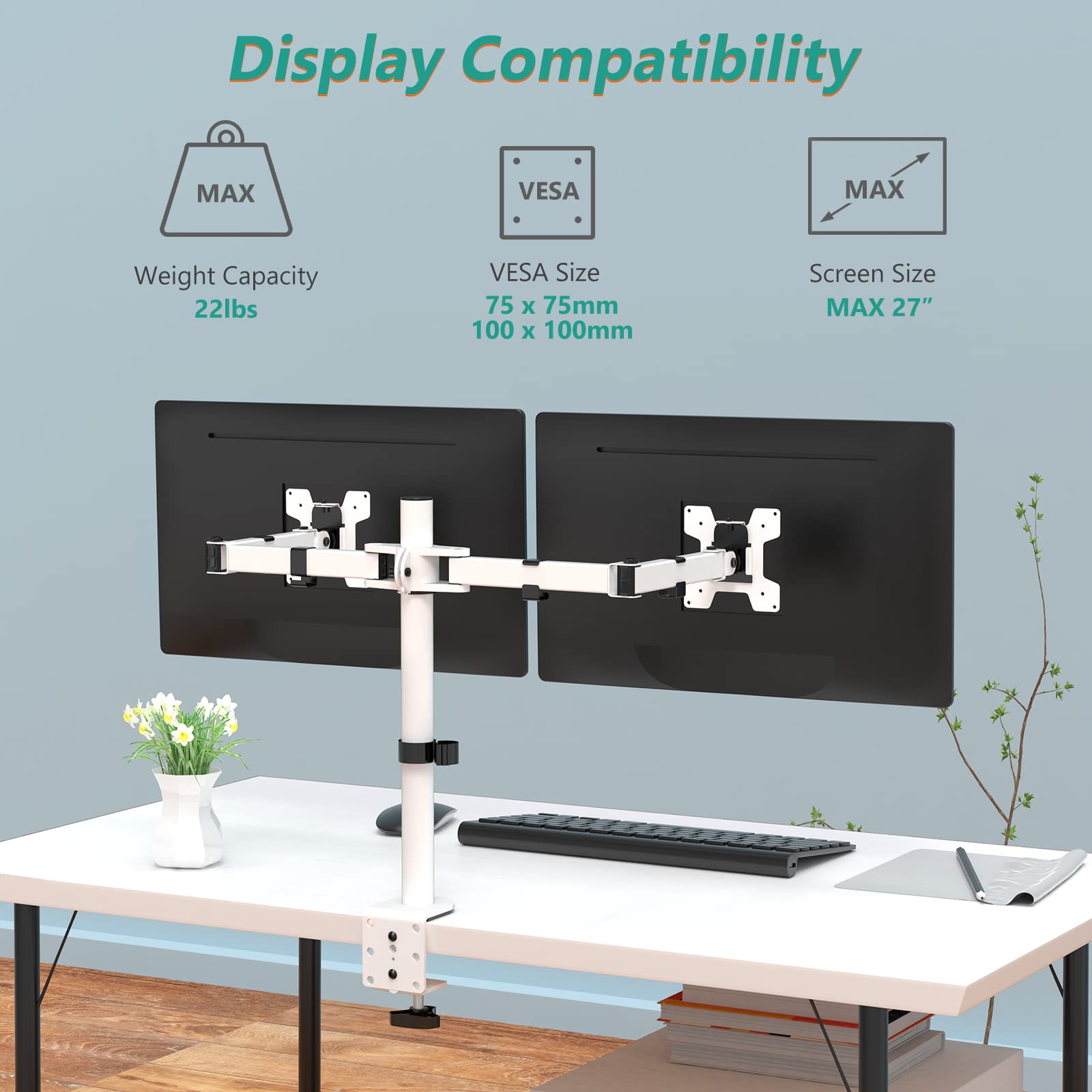 WALI Dual LCD Monitor Fully Adjustable Desk Mount Stand Fits 2 Screens up to 27 inch, 22 lbs. Weight Capacity per Arm (M002 W), White