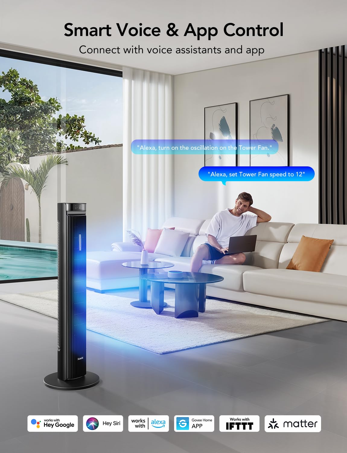 Goveelife 42'' Tower Fan For Bedroom, Smart Floor Fans With 150 Adjustable Oscillating, App & Voice Control, 5 Modes 12 Speeds U