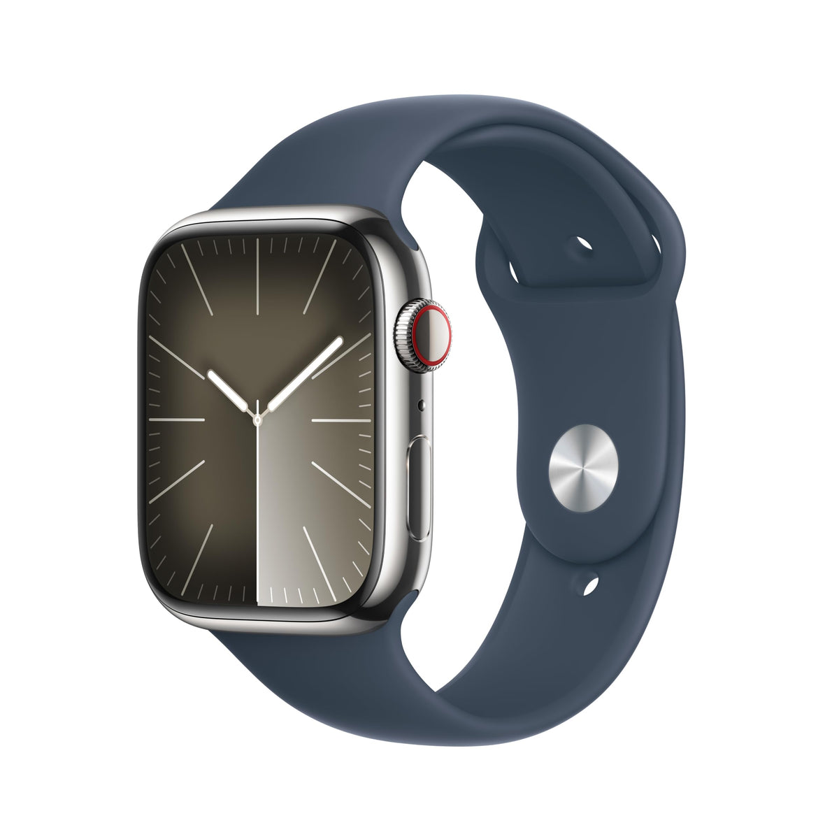 Apple Watch Series 9 [GPS + Cellular 45mm] Smartwatch with Silver Stainless Steel Case with Storm Blue Sport Band S/M. Fitness Tracker, ECG Apps, Always On Retina Display