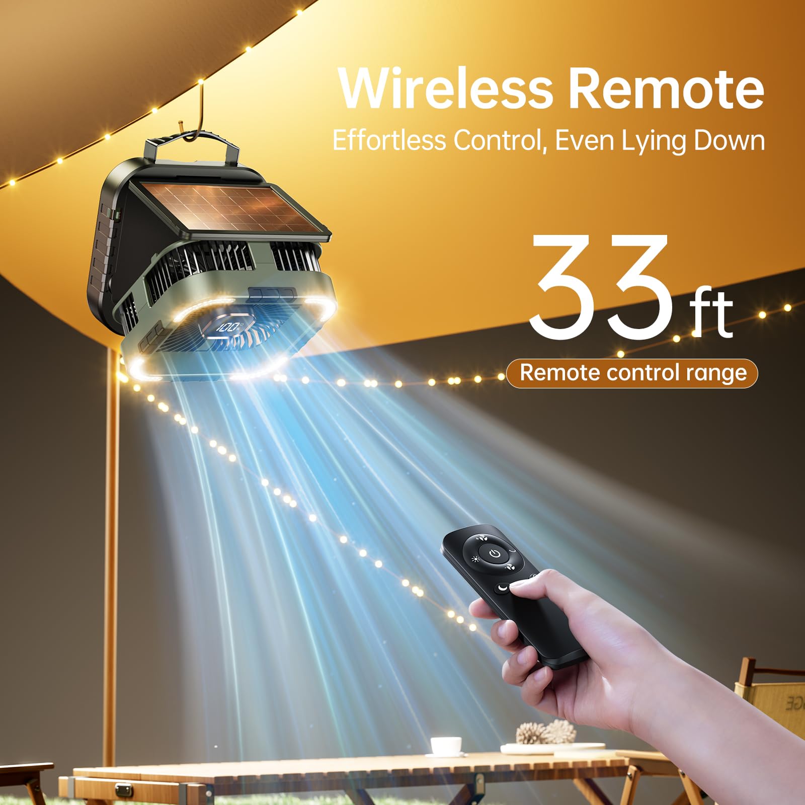 Kimmoo Solar Camping Fan With Light-10000Mah Rechargeable Portable, 6 Speeds, Digital Display, Timer, 120 Oscillation, Cordless