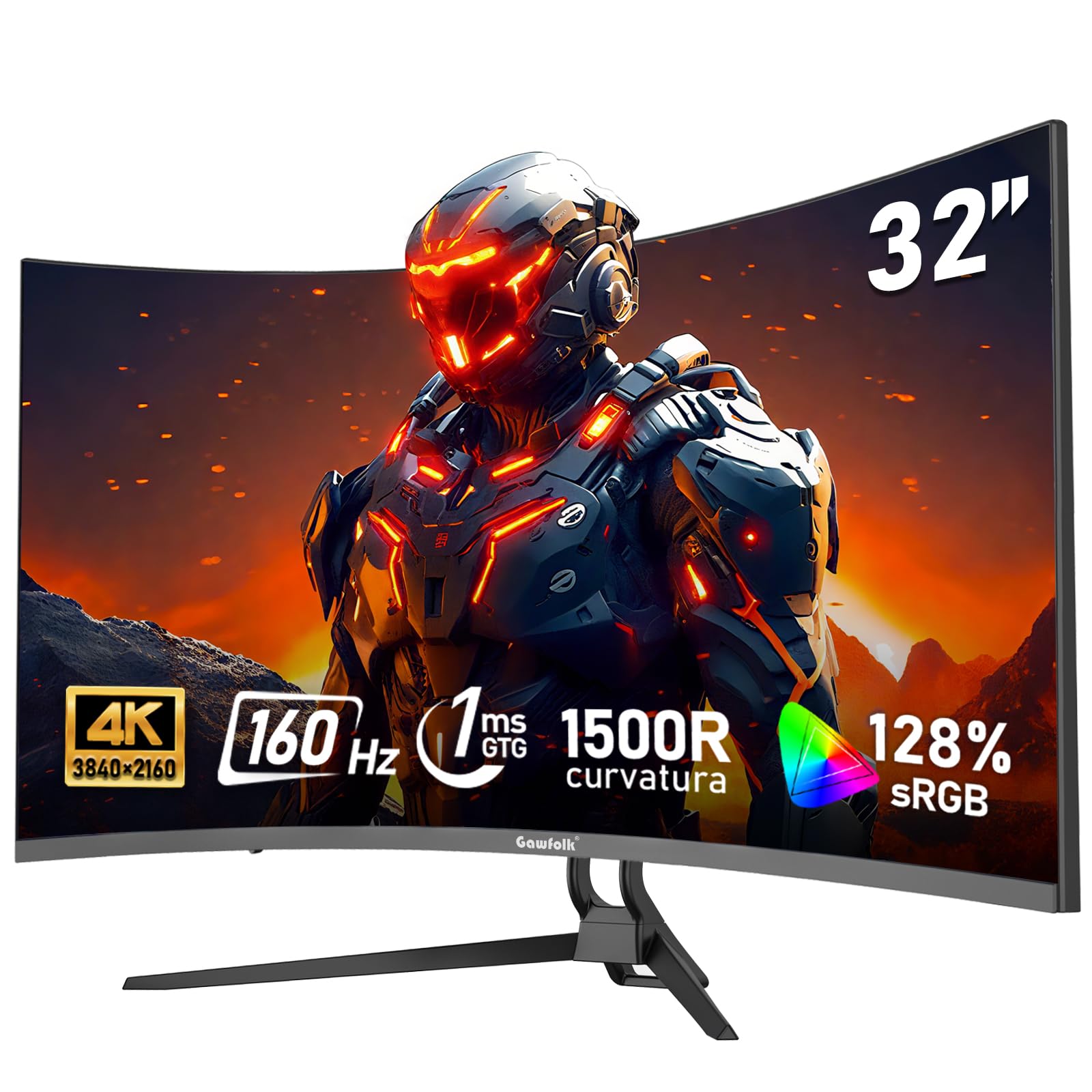 Gawfolk 32-inch 4K Ultra HD Curved 1500R Computer Monitor, 160Hz Gaming Screen, 1ms, Adaptive Sync, 128% sRGB, 178 Wide Viewing 