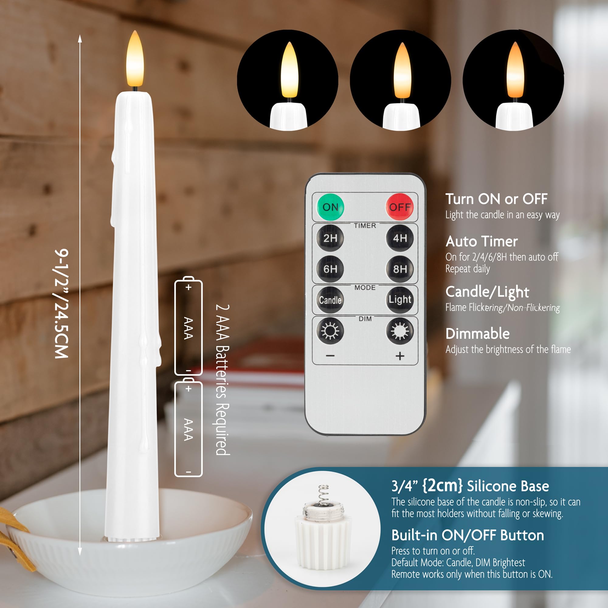Sehnsy Dripless Flameless Taper Candles With Remote, Real Wax Battery Operated Led Candles Set With 3D Flickering Flame, 9.6'' R
