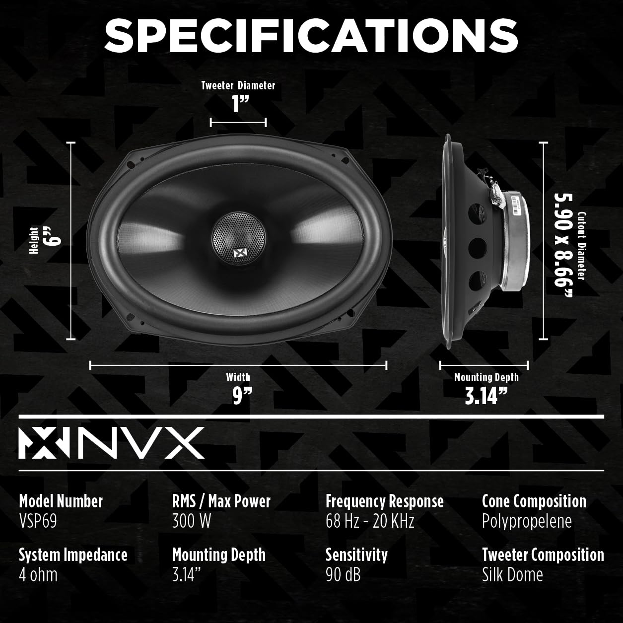 Nvx Vsp69 6X9 Premium Car Speakers, 900W Max, 300W Rms, 2-Way Coaxial W/ 1 Silk Dome Tweeters & Built-In X-Overs, Easy To Instal