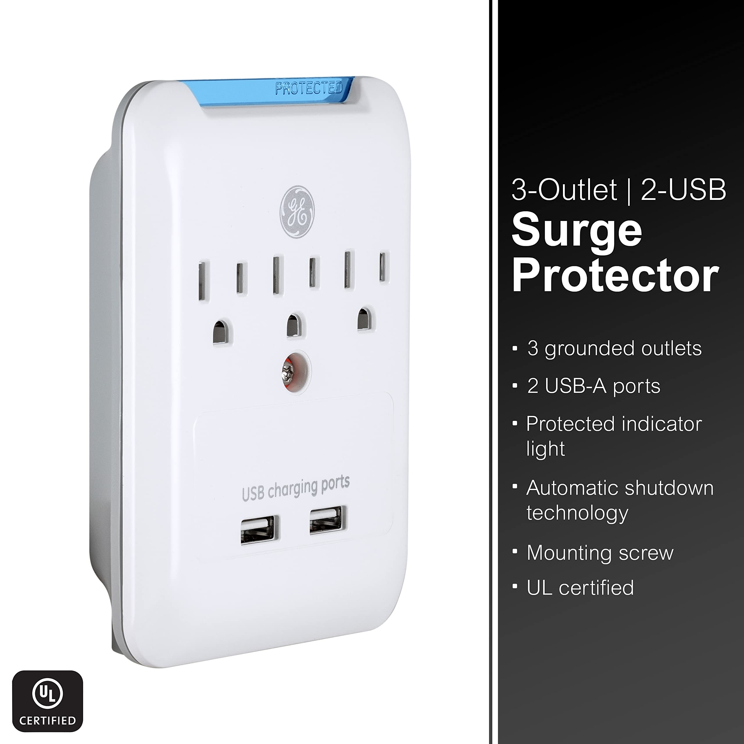 Ge Pro 3 Outlet Extender With 2 Usb Ports, Surge Protector, Charging Station Wall Tap, Protected Indicator Led, 3 Prong, 540 Jou