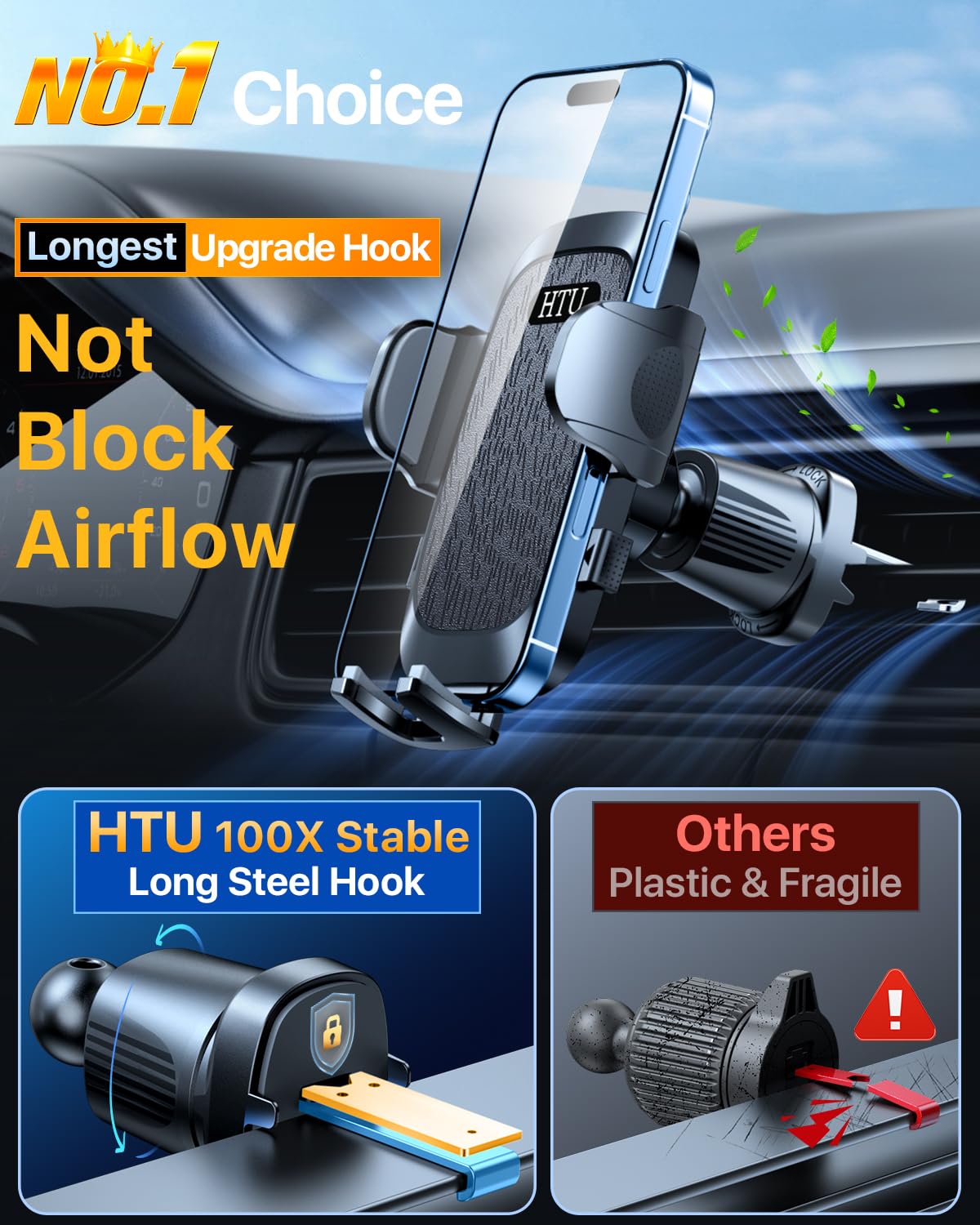 [2025 True Military-Grade] Car Phone Holder [Upgraded Strongest Suction & Clip] Cell Phone Mount For Dashboard Windshield Vent,T