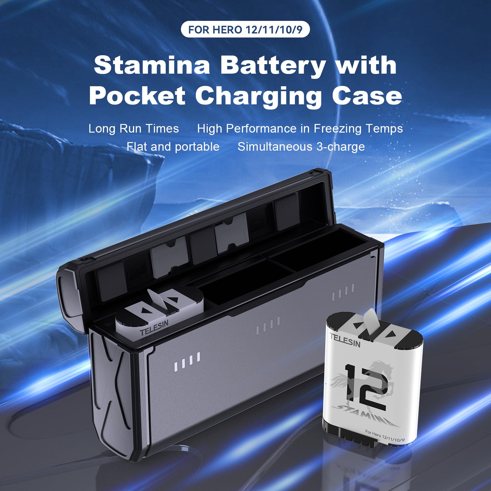 Telesin 2 Pack Enduro Battery Charger For Go Pro Hero 12 Hero 11 Hero 10 Hero 9, Long Lasting Batteries As Original Official + P