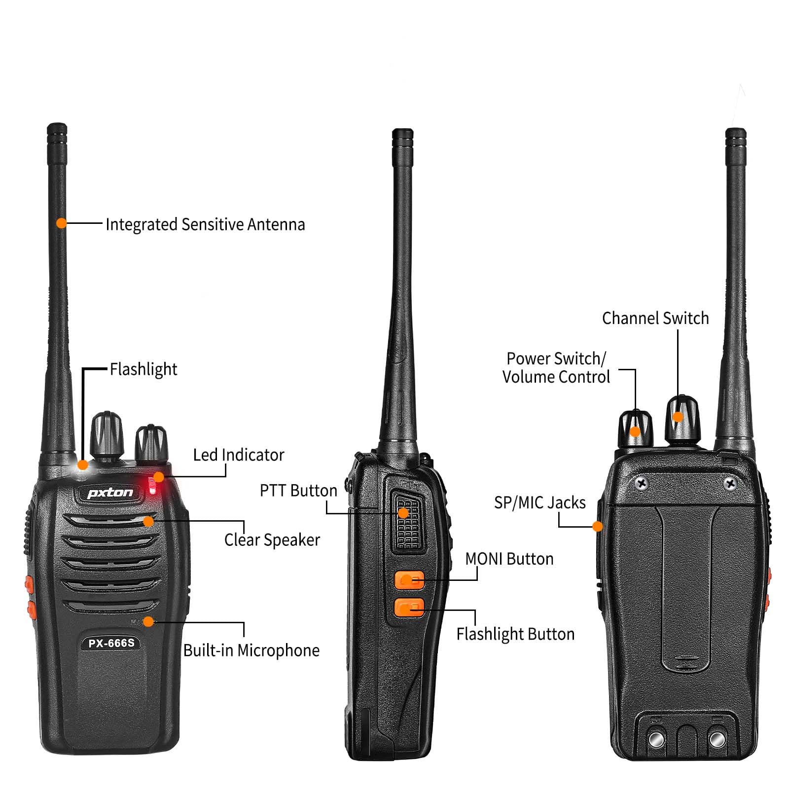 Pxton Walkie Talkies, 666S Walkie Talkies For Adults Long Range Rechargeable With Headphones And Li Ion Battery,2 Way Radios Has