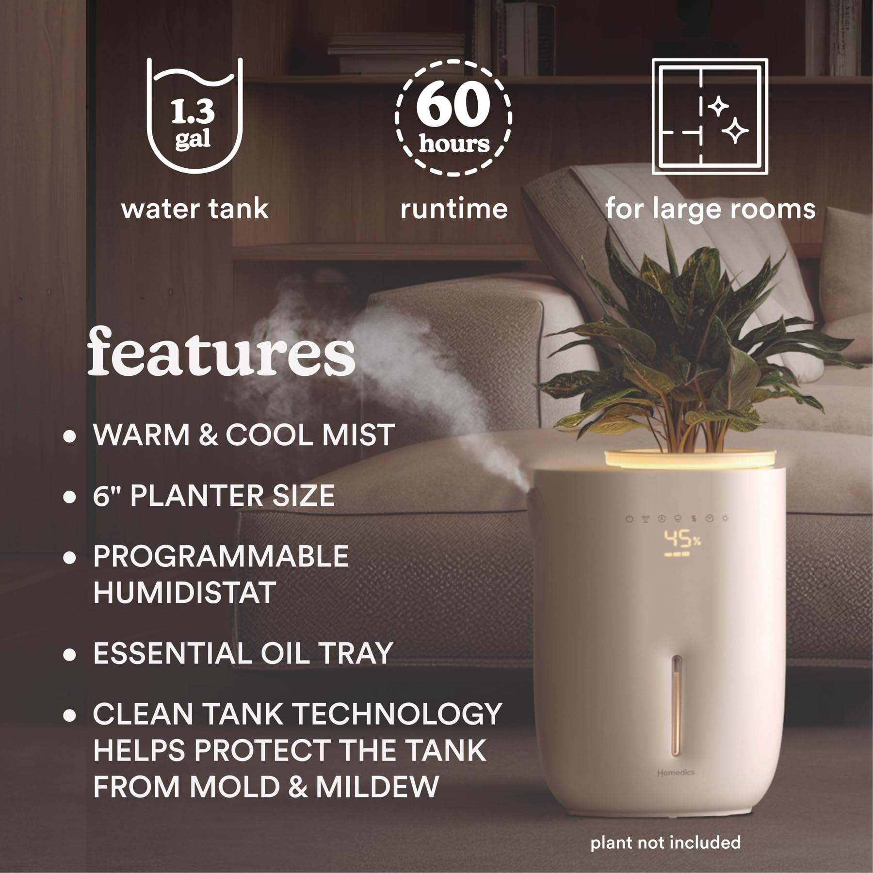 Homedics Natura Ultrasonic Warm & Cool Mist Humidifier, 1.3 Gal For Large Rooms, 60 Hr Runtime, Plant Holder, Programmable Humid