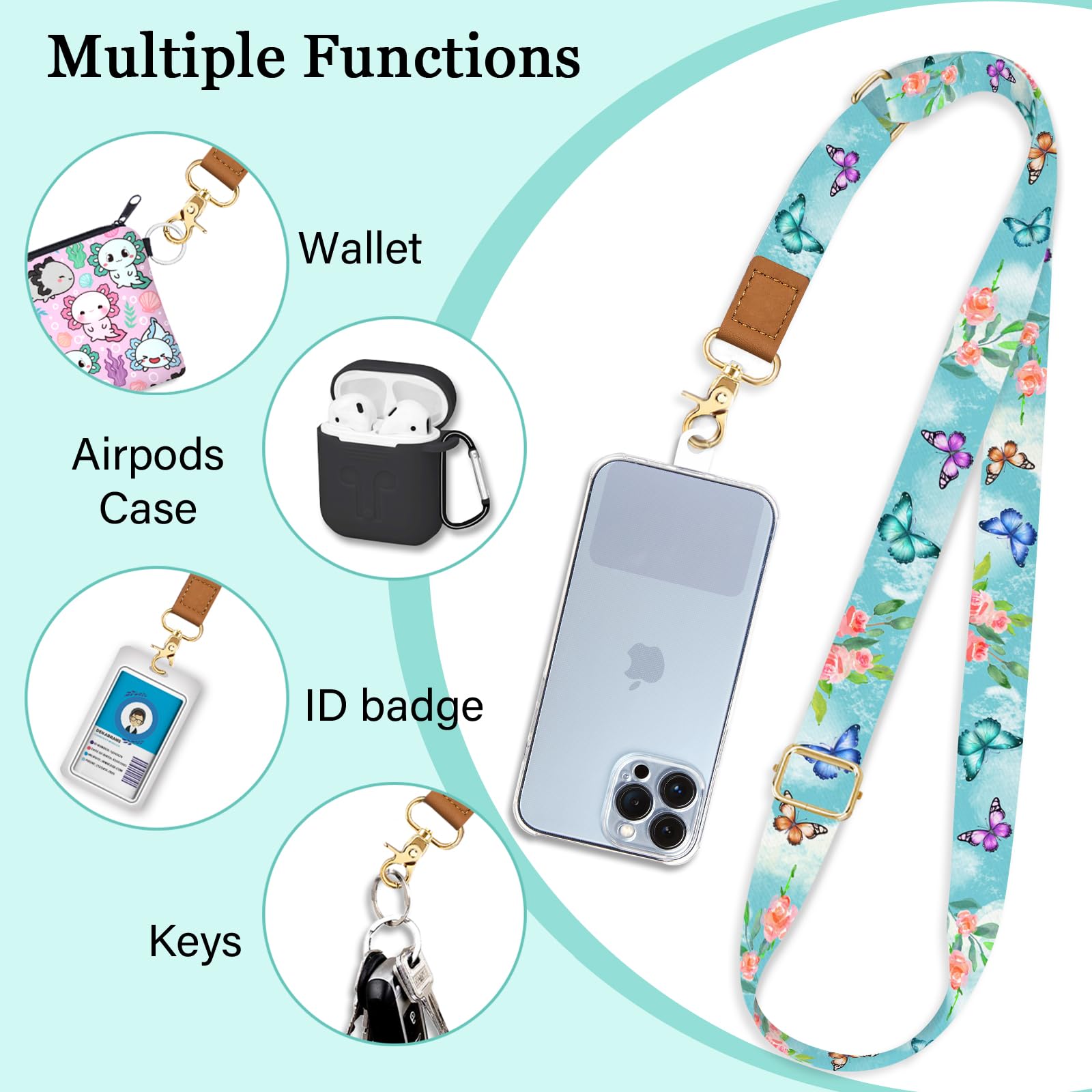 Piefly Phone Lanyard Crossbody Wrist Strap, Butterfly Flower Cell Phone Lanyards For Around The Neck Wristlet Shoulder, Adjustab